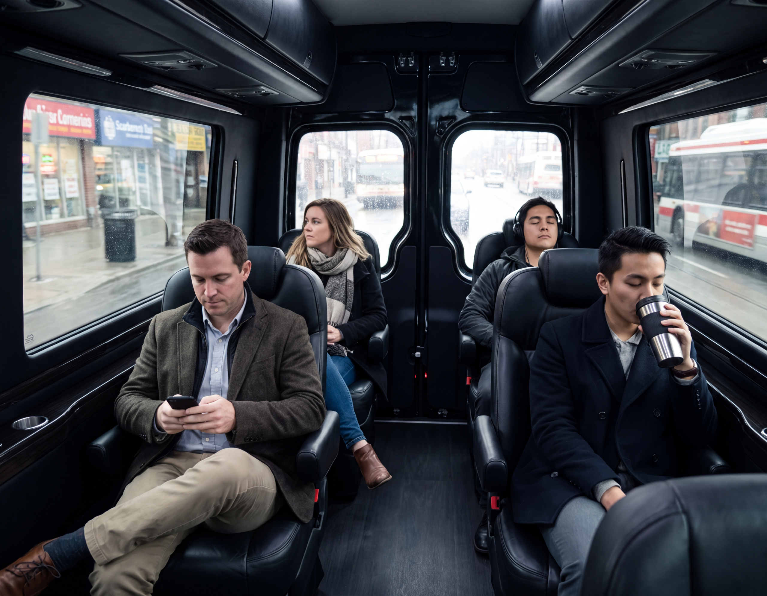 Four business travellers seated inside a black Sprinter van cabin, checking phones during a morning ride