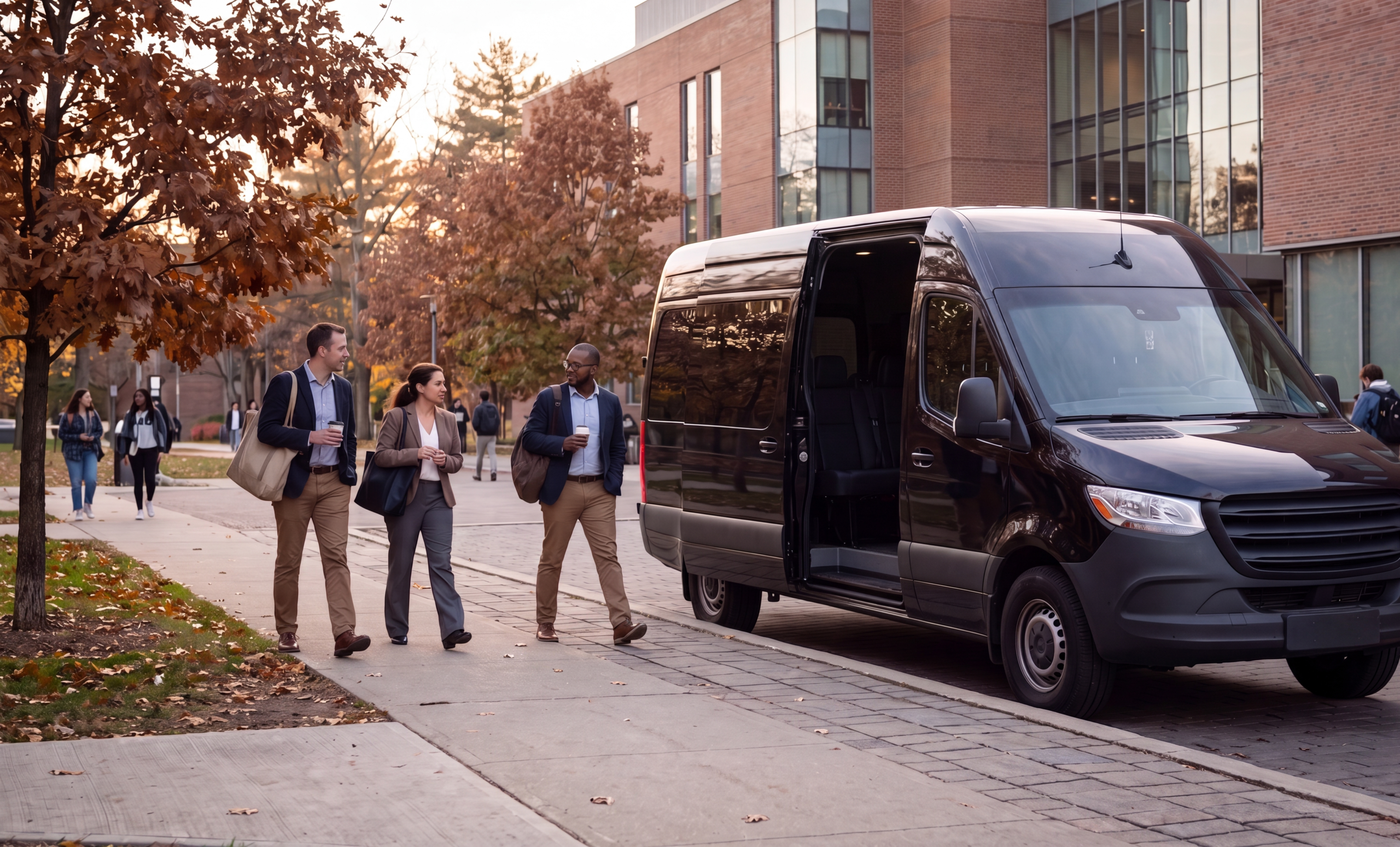 Black Mercedes-Benz Sprinter at a University of Toronto Scarborough campus building pickup