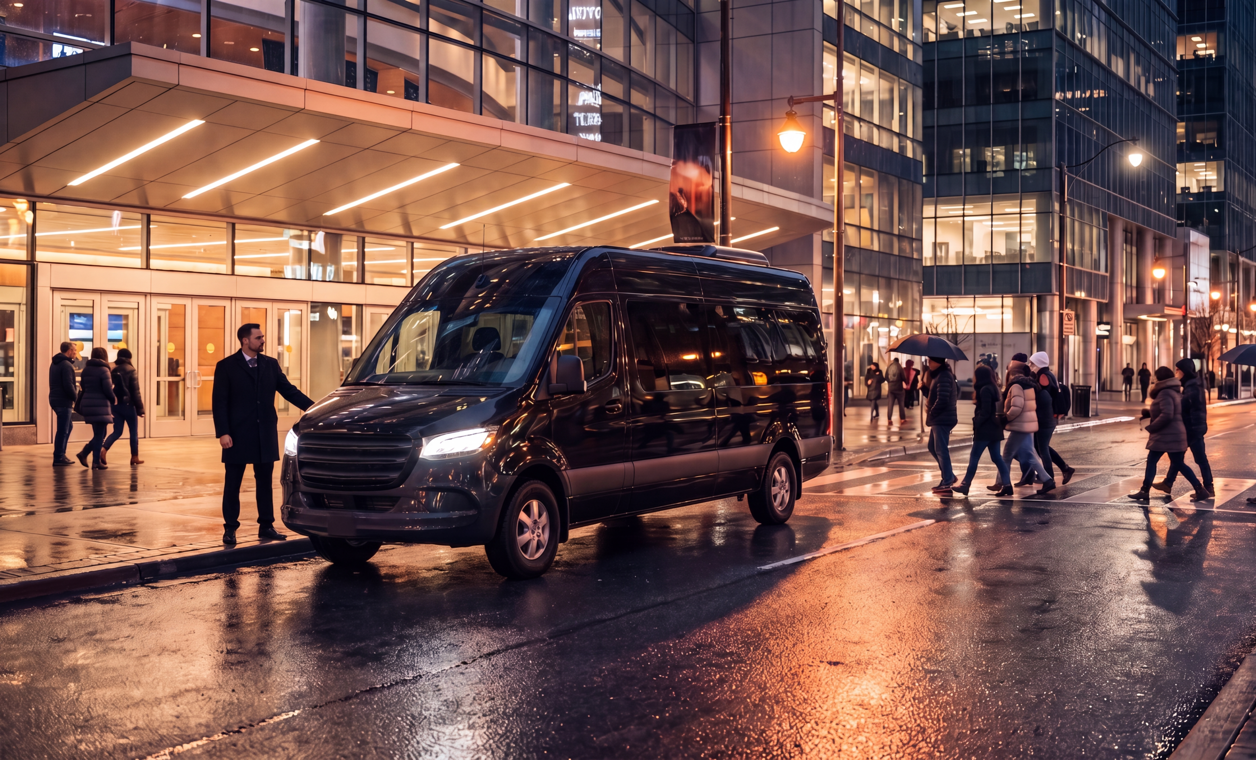 Black Mercedes Sprinter van parked on a rain-slicked downtown Toronto street near a lit arena entrance at night