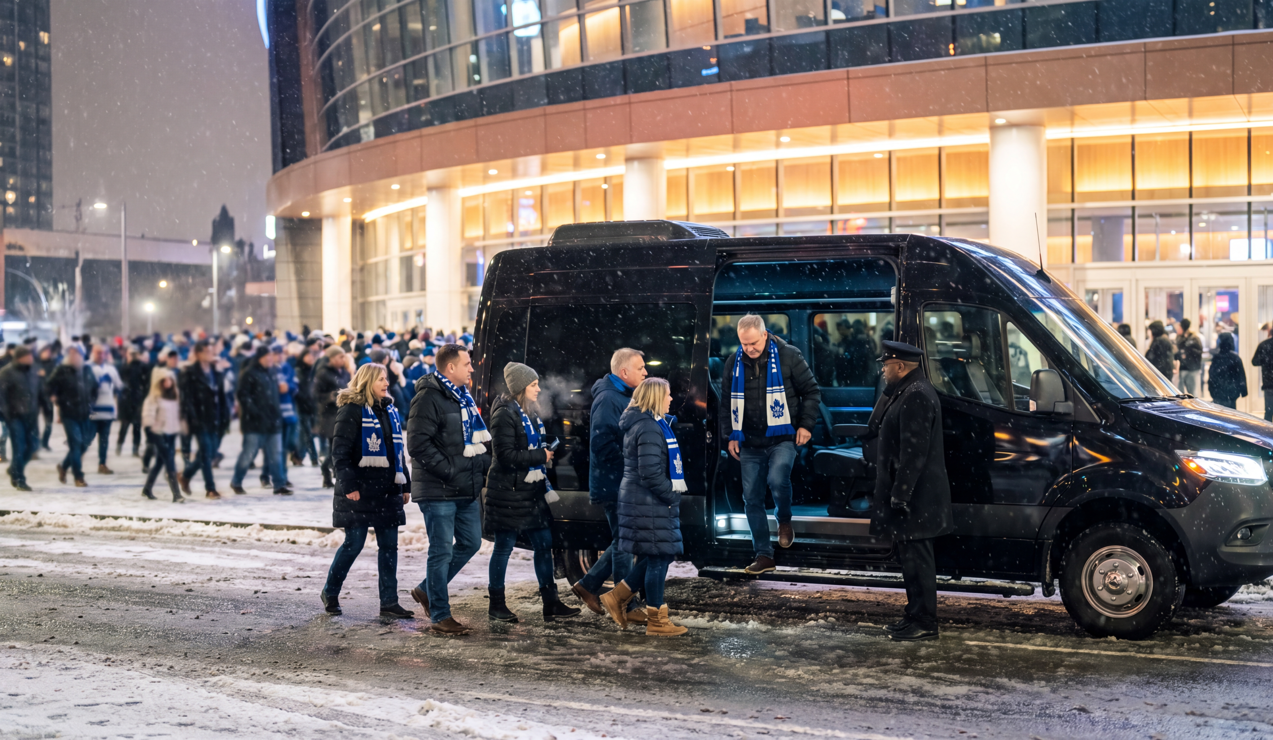 Black Sprinter dropping a group on Bremner Boulevard near Scotiabank Arena Gate 5 on a game night