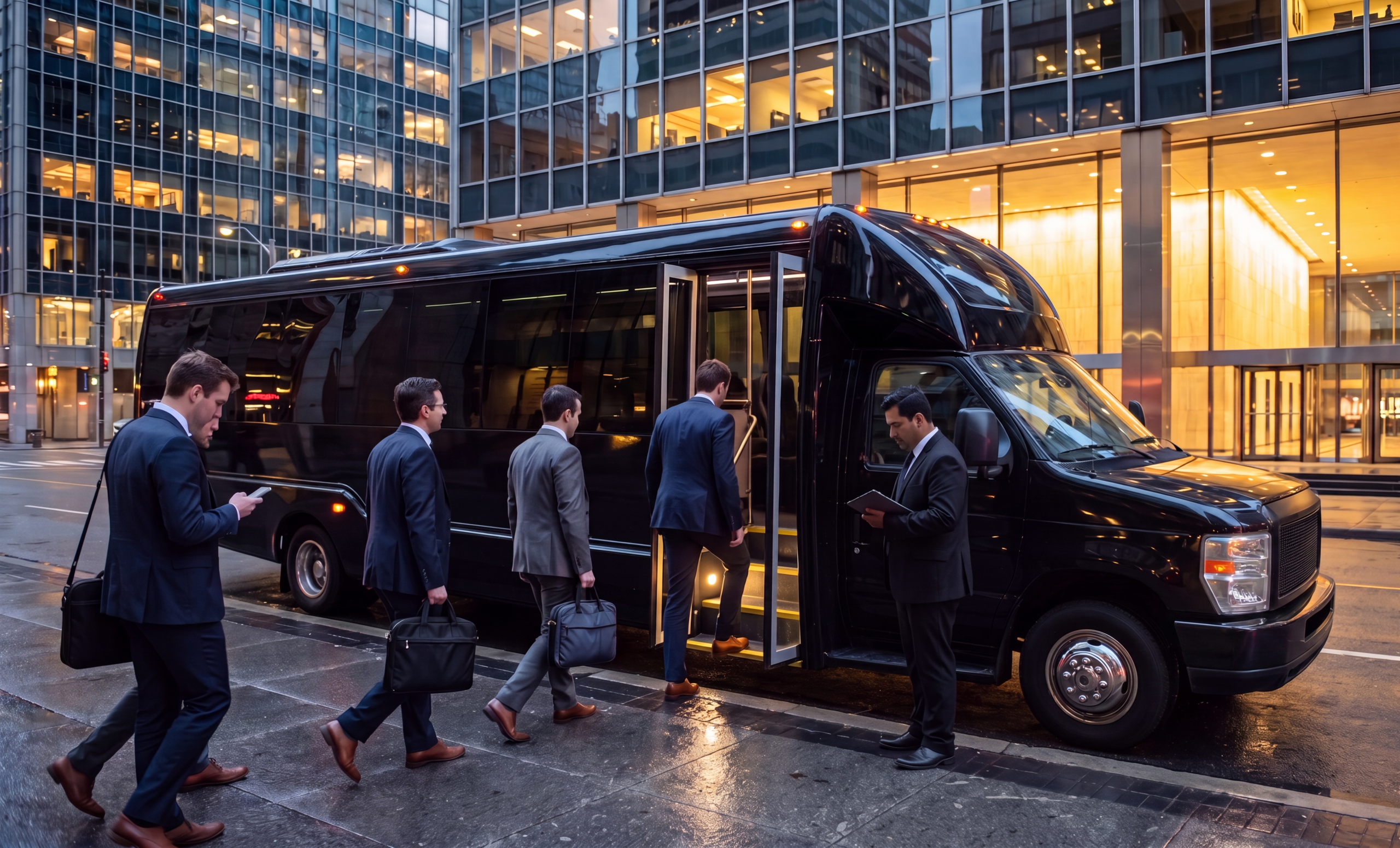 Black limousine bus collecting a corporate suite group downtown before an event at Scotiabank Arena