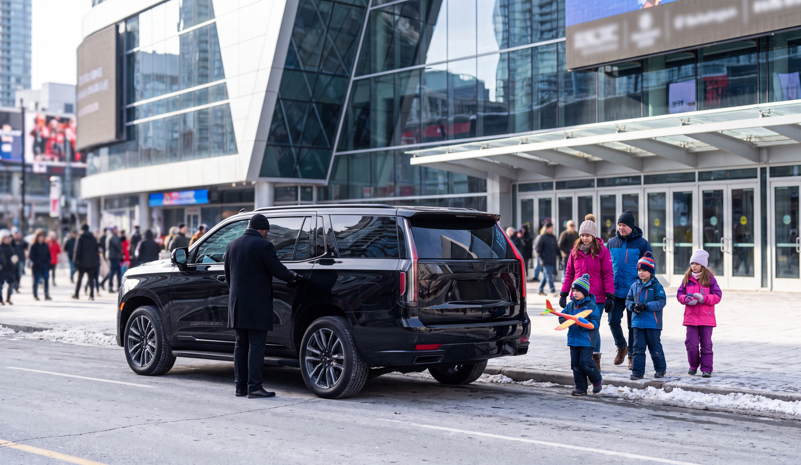Family with children dropped off by a black Escalade before an afternoon show at the arena