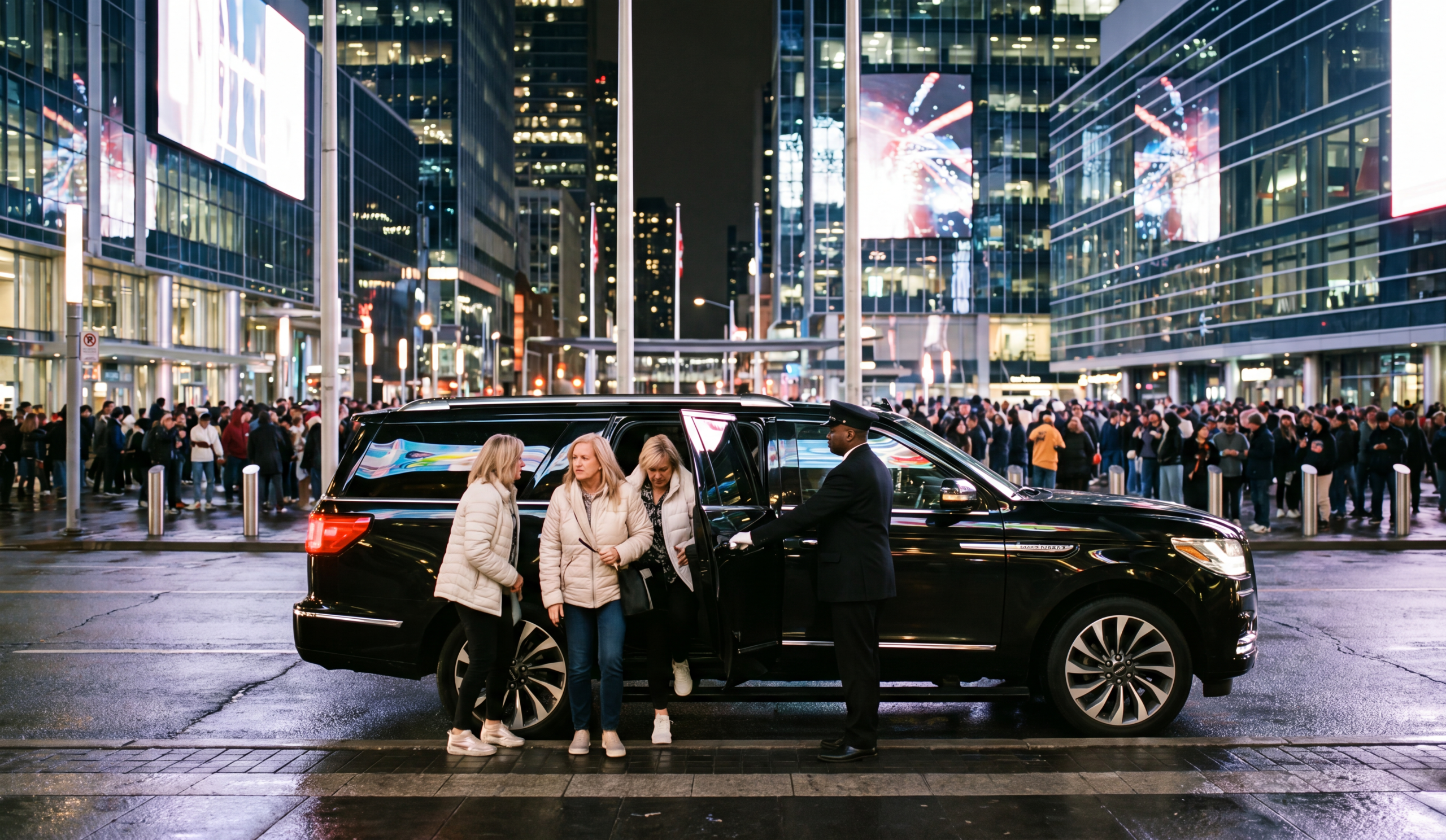 Black SUV arriving at the arena district with fans walking through Maple Leaf Square at night