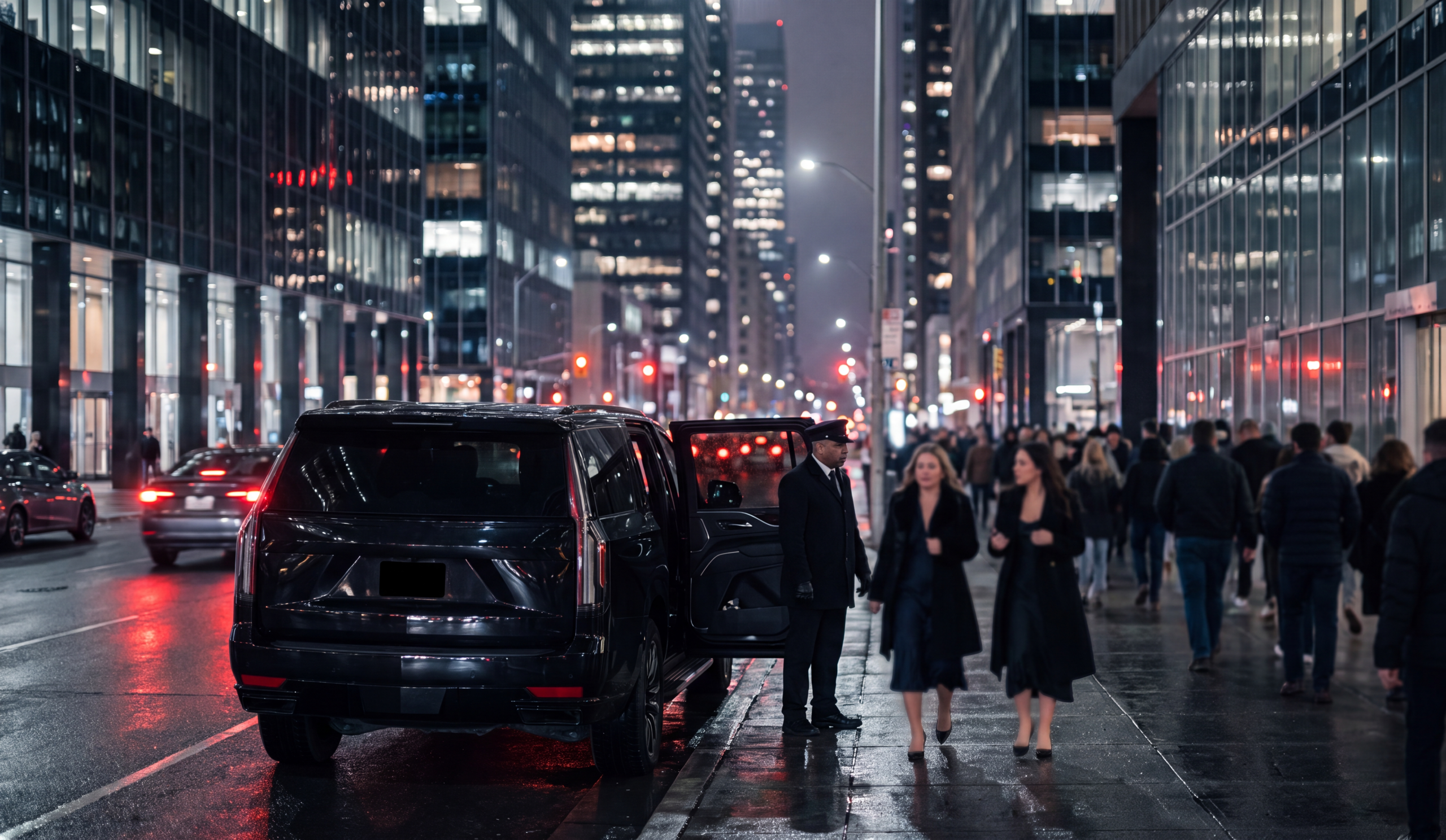 Black Escalade staged on a downtown Toronto street as a concert crowd leaves Scotiabank Arena