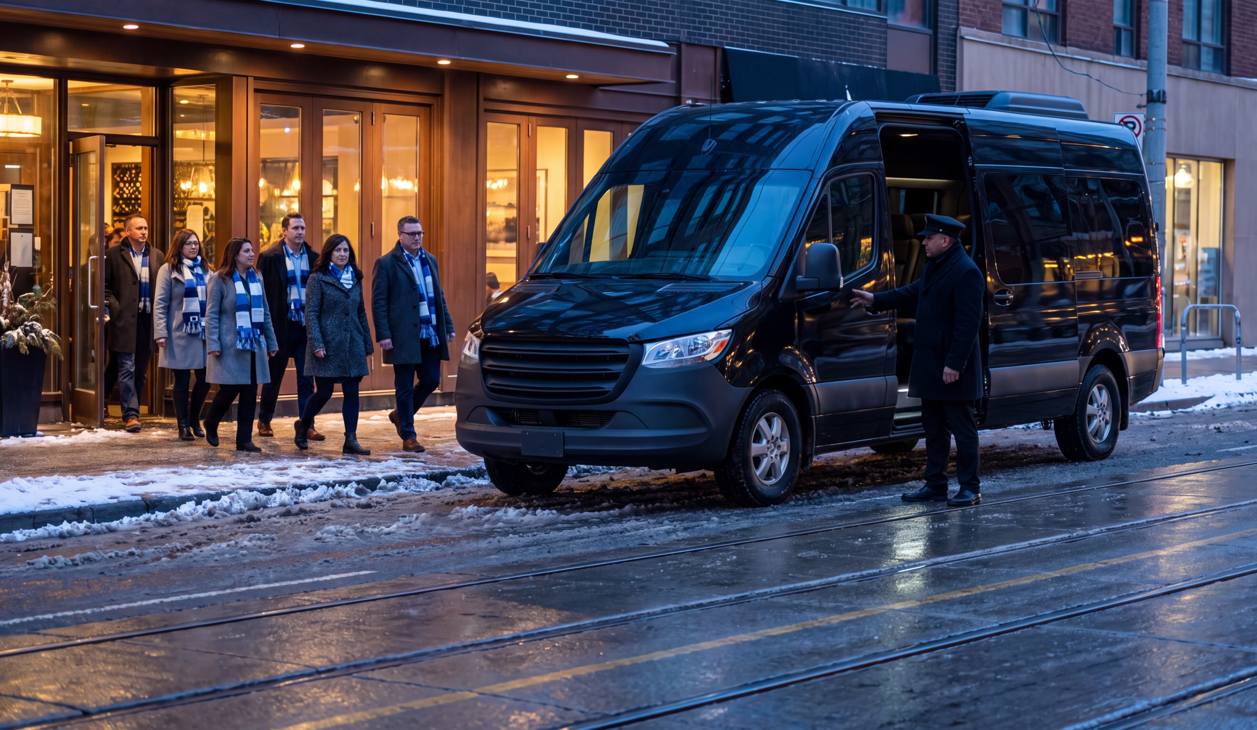 Group leaving a King Street restaurant into a waiting black Sprinter before a Leafs game