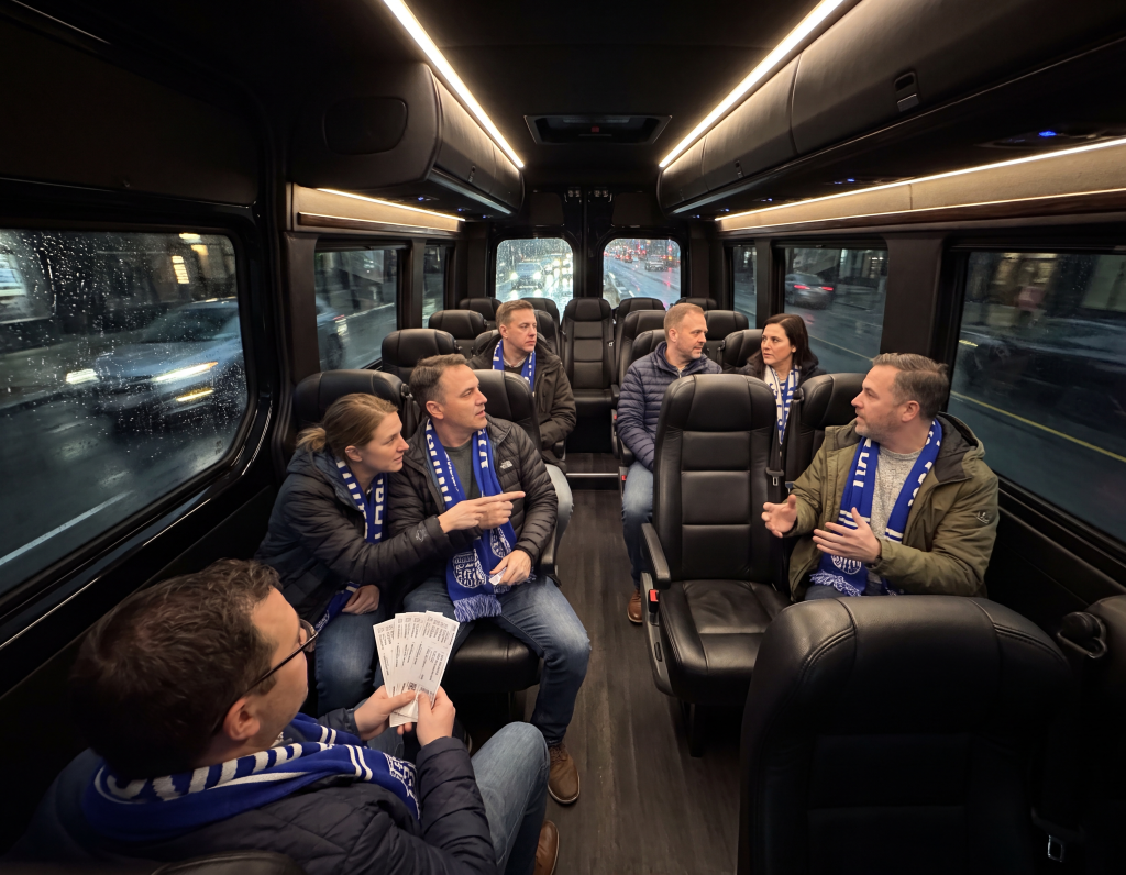 Friends riding together inside the cabin of a black Sprinter on the way to a game
