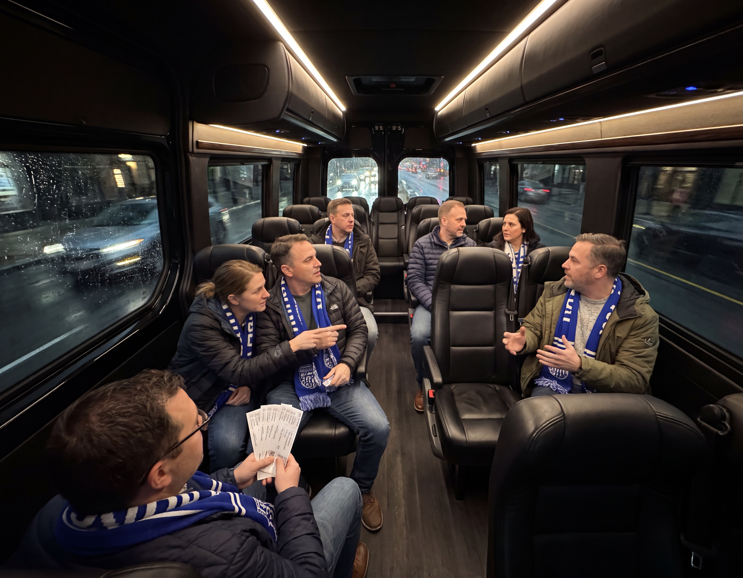 Friends inside a black Sprinter cabin en route to a game at Scotiabank Arena at night
