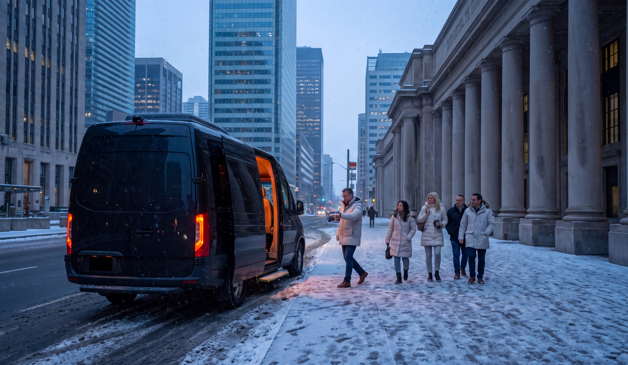 Black Sprinter staged near Union Station as event-goers walk toward the arena