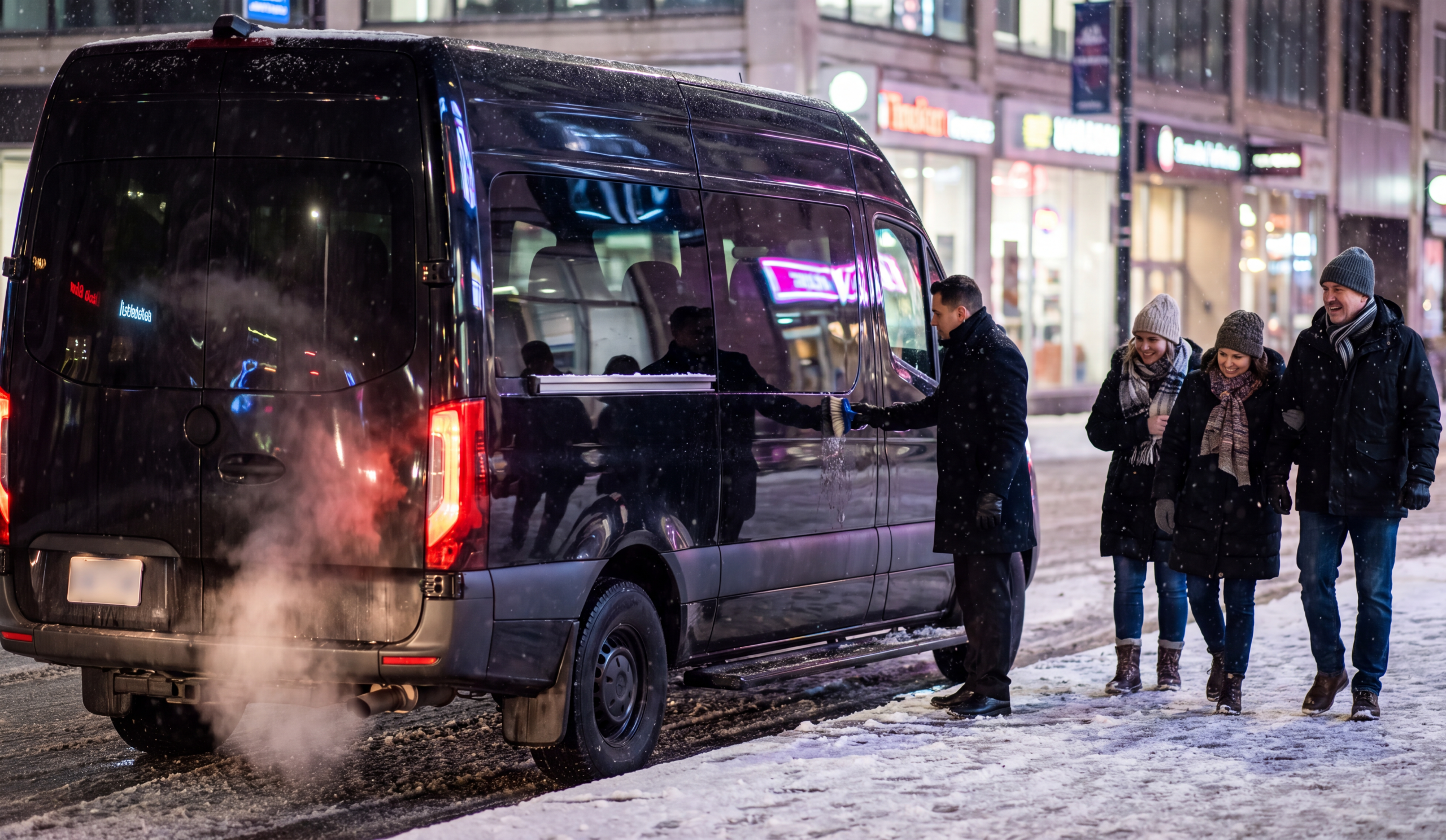 Black Sprinter waiting in light snowfall outside the arena district after a Leafs game