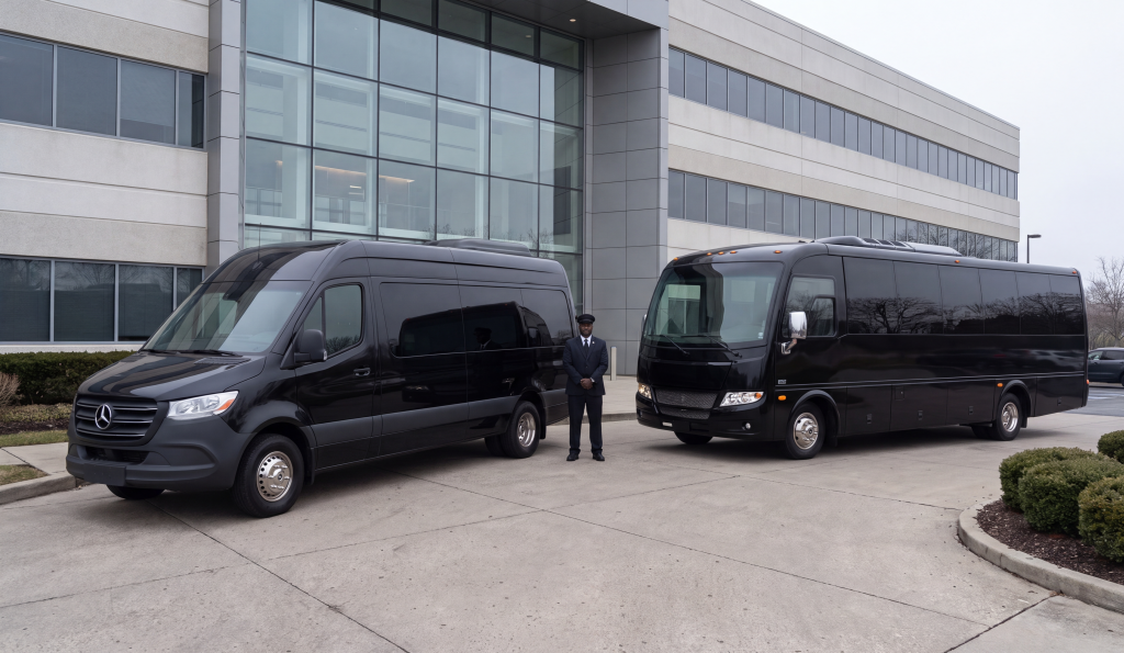 Black Mercedes-Benz Sprinter parked beside a black 27-passenger mini coach at a suburban office forecourt with a chauffeur standing by