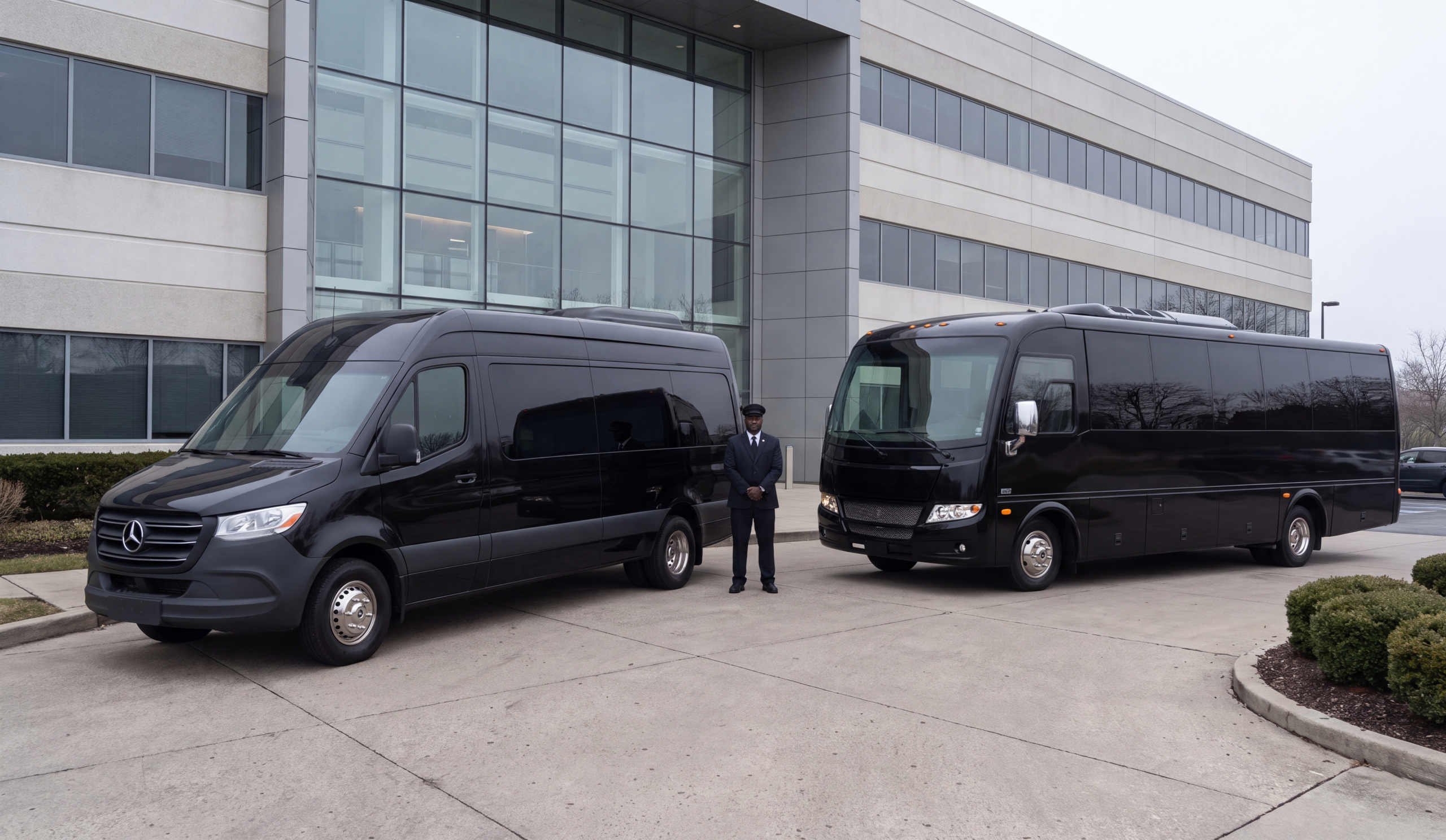 A black Sprinter and a black 27 seat mini coach staged together outside an office forecourt