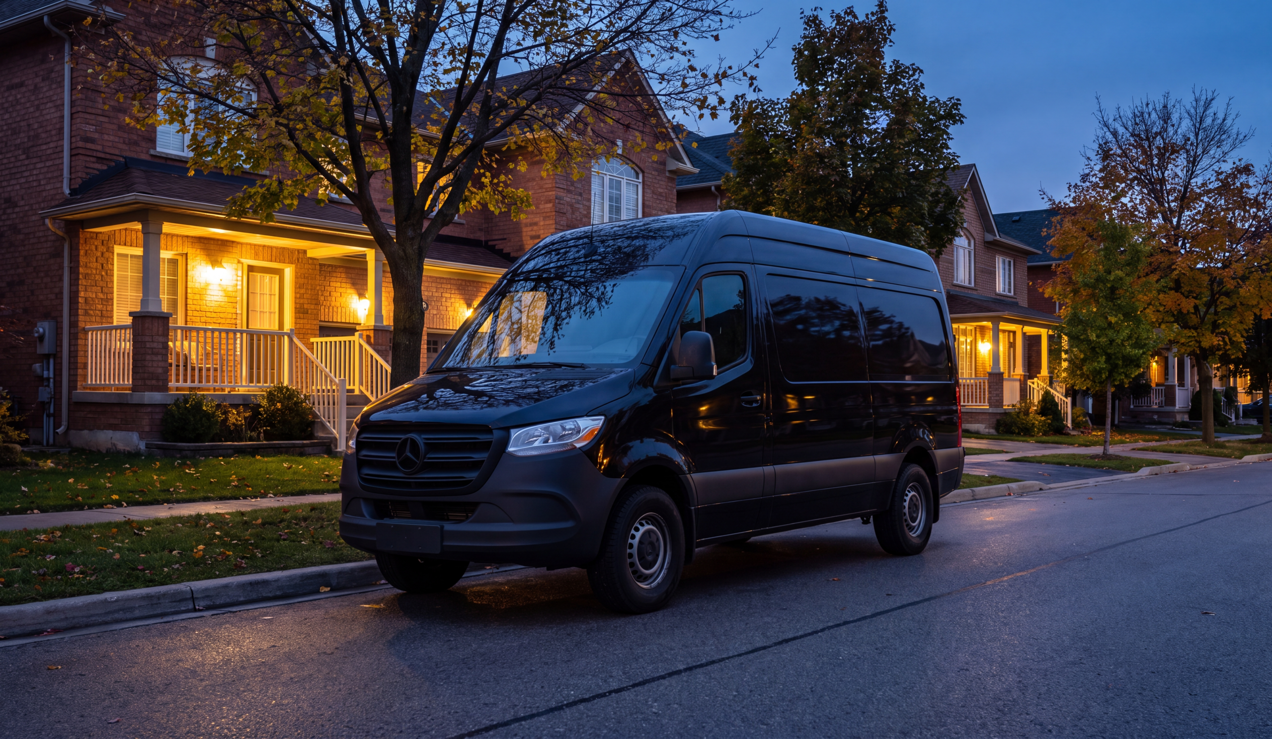 US-Canada Border Crossings for Group Trips: Bridges and Wait Times 3 A black Mercedes Sprinter parked at a quiet suburban kerb at dusk, staged ahead of a pickup