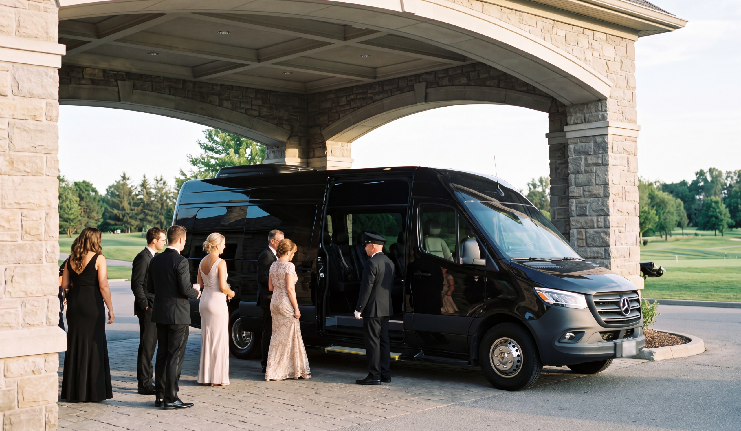 Black Sprinter under the stone porte-cochere of an Ontario golf club with formally dressed wedding guests boarding