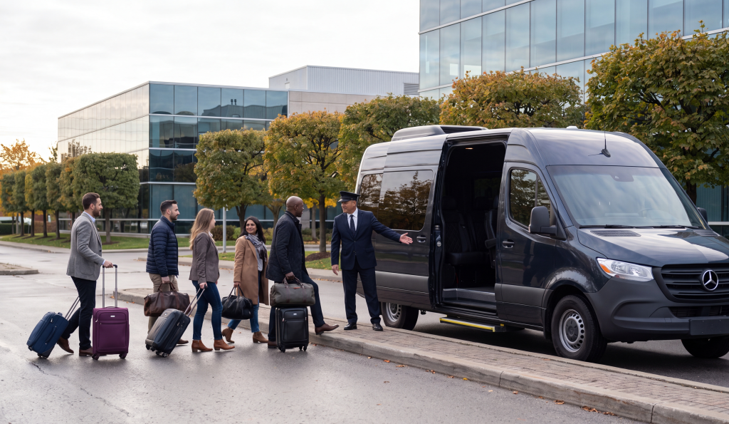 RM Locations 65 Black 2026 Mercedes-Benz Sprinter at a suburban office park kerb with a uniformed chauffeur welcoming five travellers with rolling luggage aboard