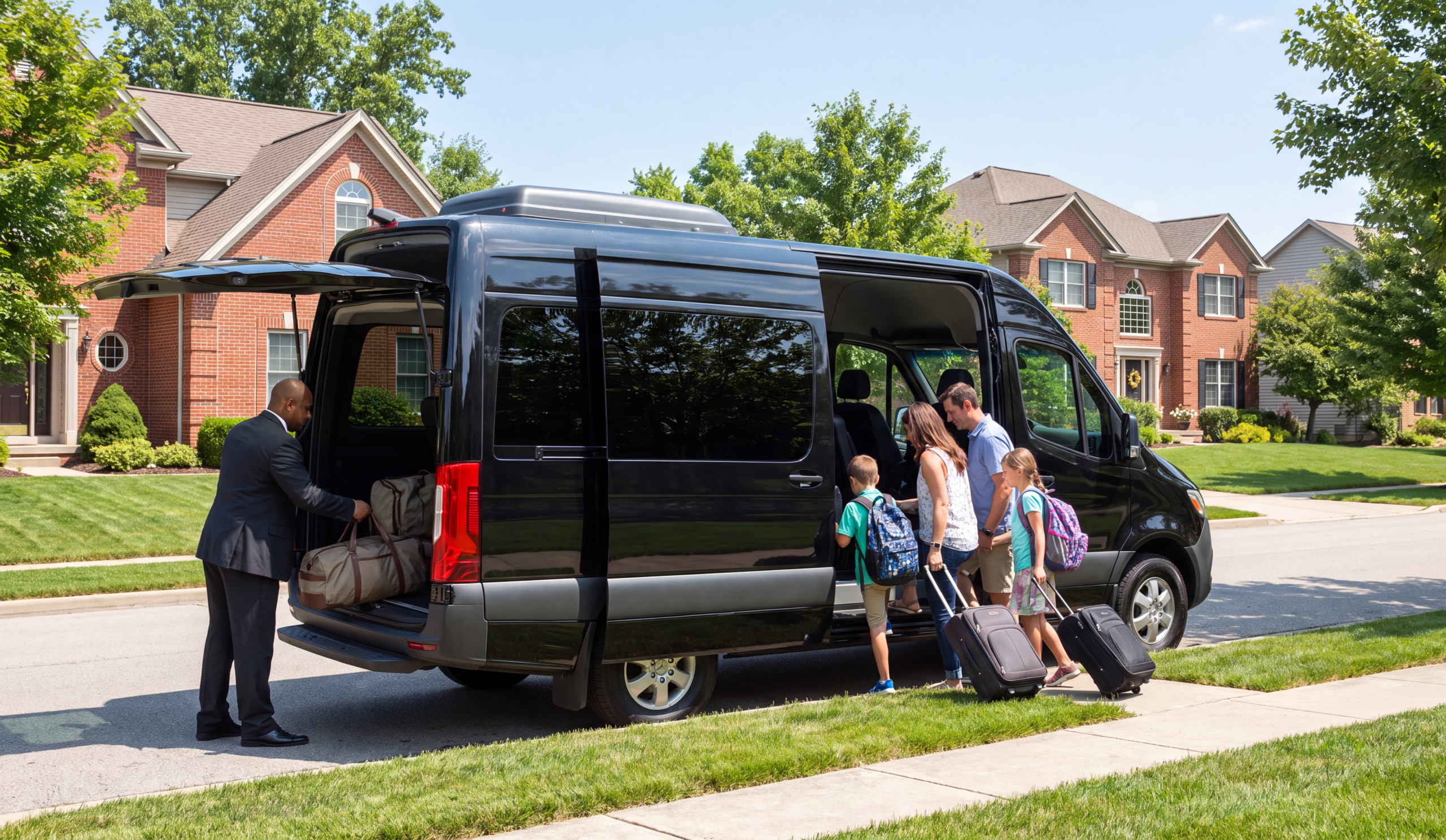 A family with two children and rolling luggage boarding a black Mercedes Sprinter van at a suburban kerb