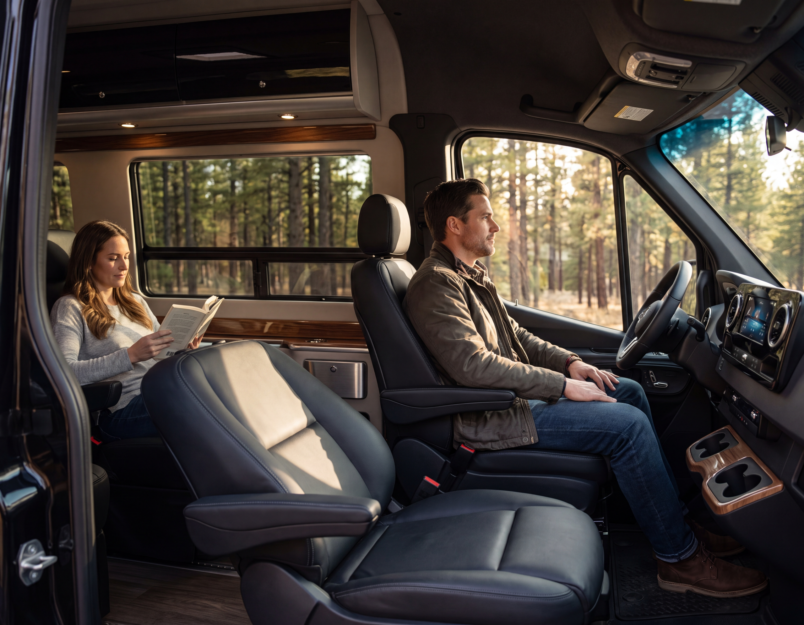 How Much Does a Sprinter Van Rental Cost in Toronto for a Wedding 5 Interior of a black Sprinter van cabin with leather captain's chairs and forest scenery visible through the windows