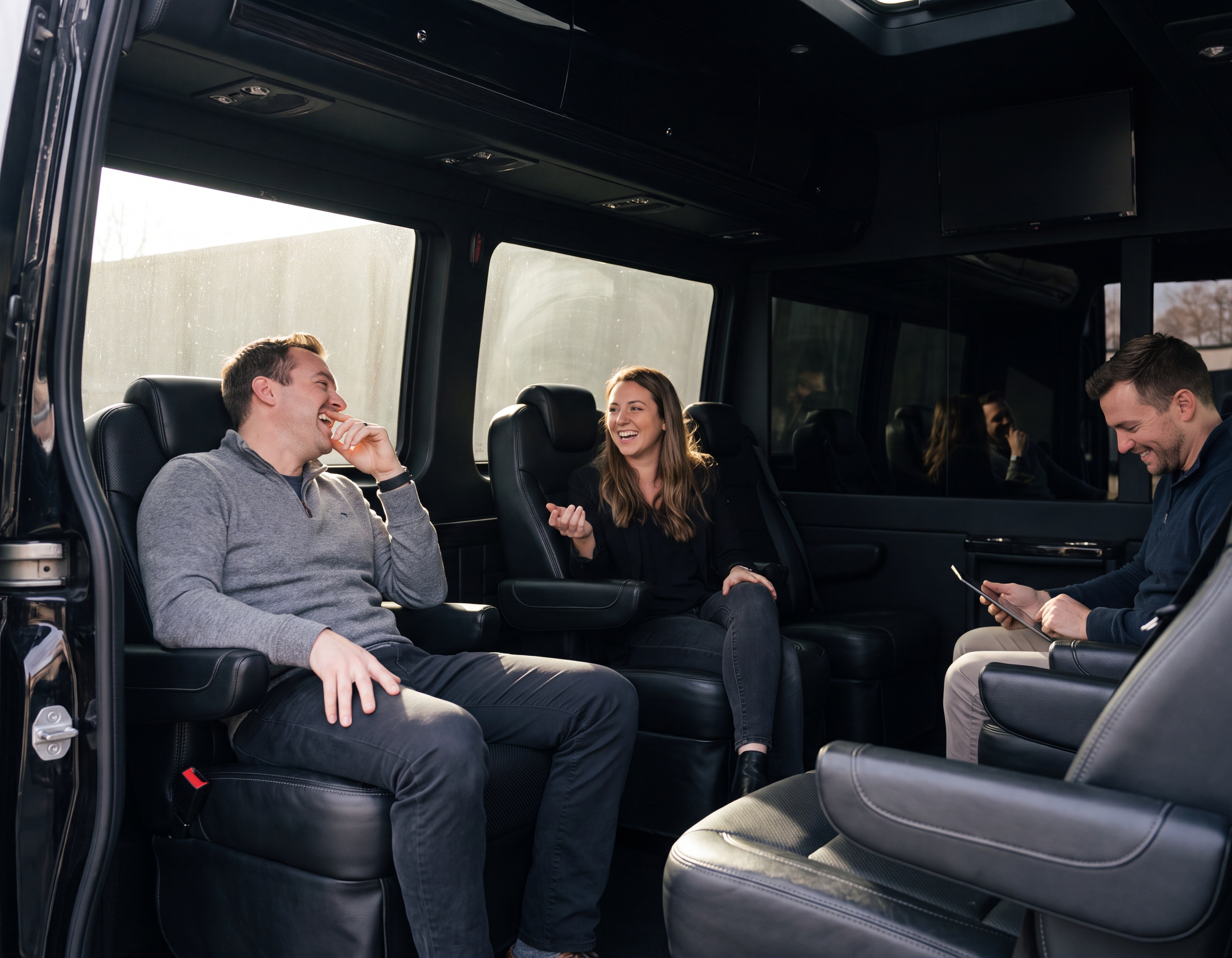 Wedding party and chauffeur talking through the pickup plan inside a black Sprinter cabin