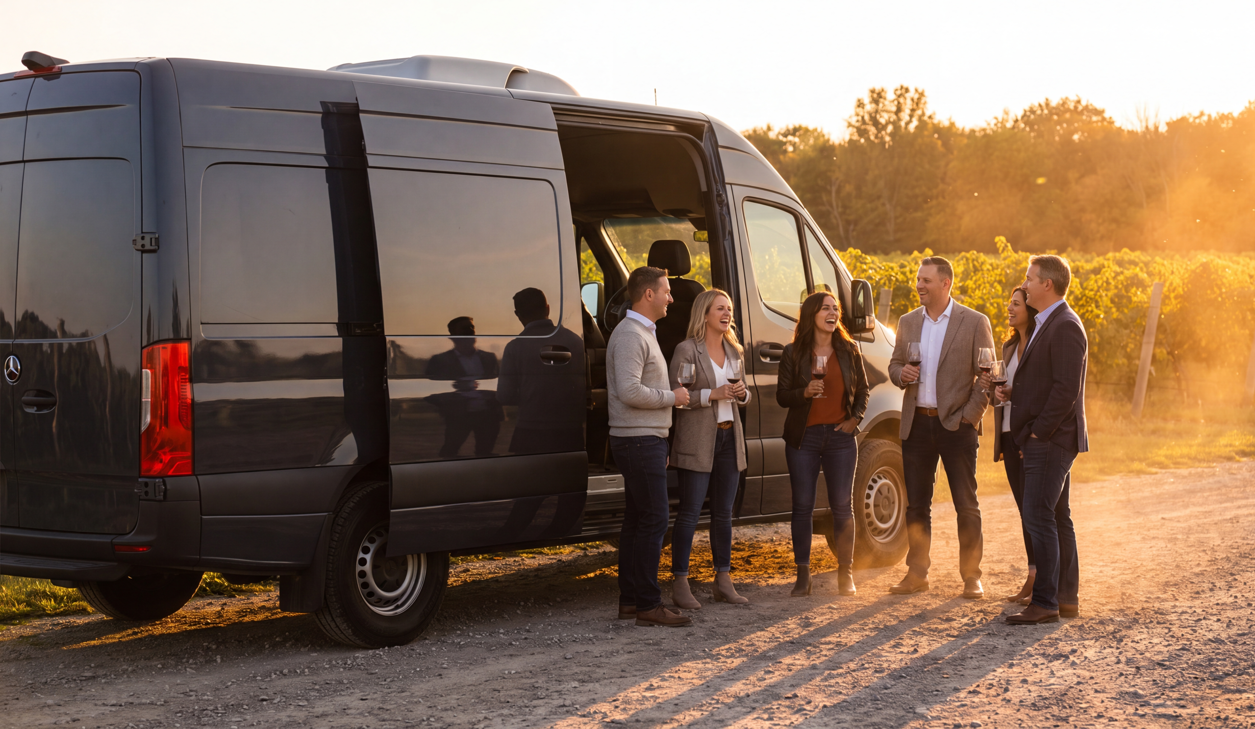 A group of six travelers with wine glasses beside a black Mercedes Sprinter van in Niagara wine country at golden hour