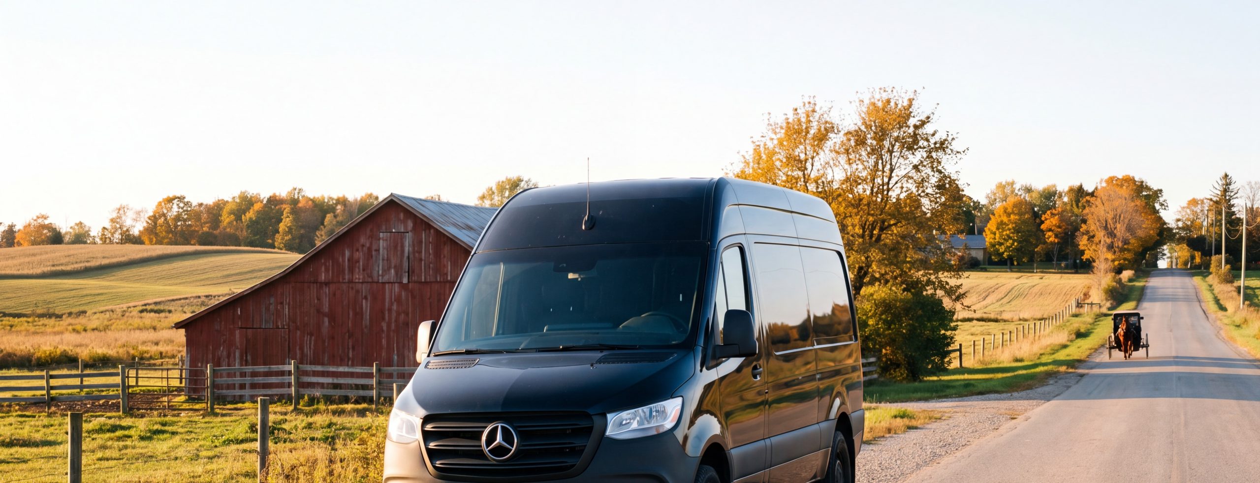 Black Mercedes-Benz Sprinter on a Woolwich Township country road beside fenced farmland and a red barn at golden hour, horse-drawn buggy in the distance