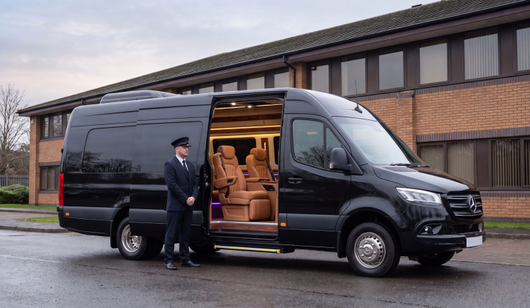Black Executive Mercedes-Benz Sprinter at a brick office forecourt, side door open on leather captain chairs, chauffeur standing by