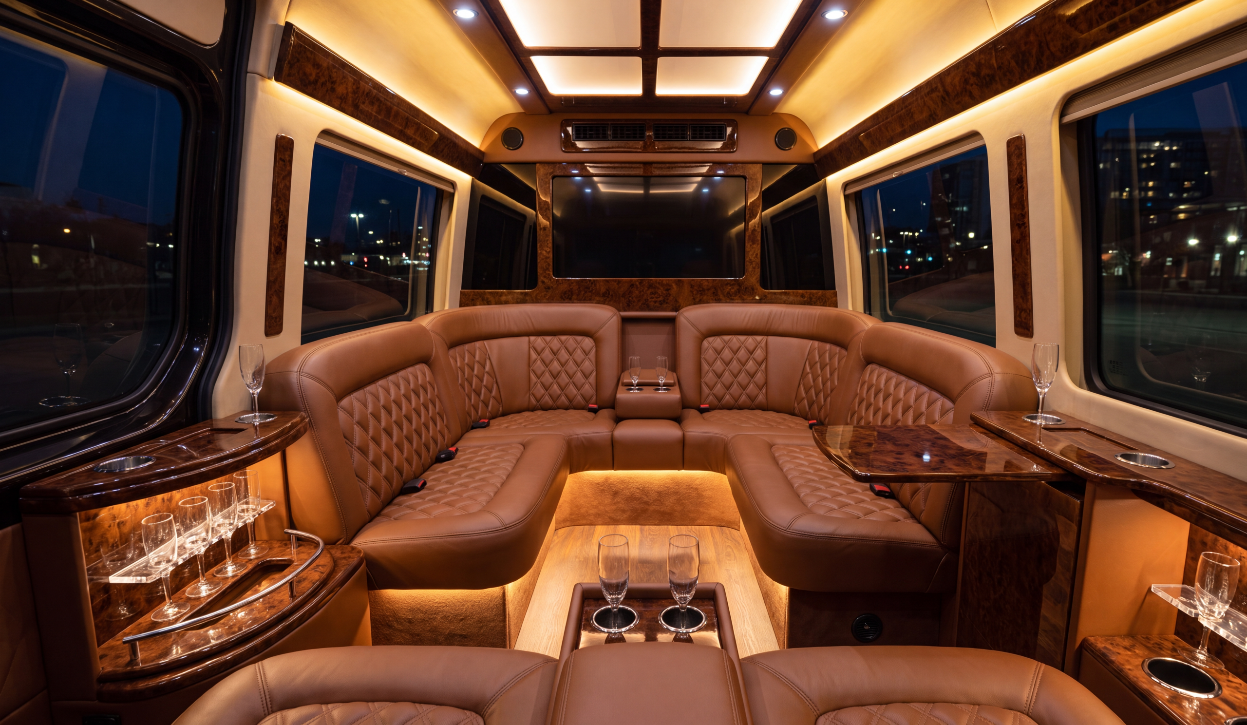 Shaw Festival Shuttle from Toronto 10 Sprinter Limo lounge cabin interior with wraparound perimeter leather seating, warm ambient lighting, and wood trim at evening