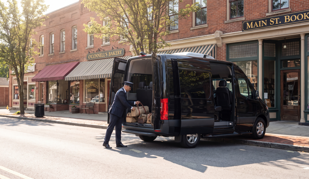 Black Mercedes-Benz Sprinter at a small-town main street kerb with the side door open and the chauffeur loading duffel bags at the rear
