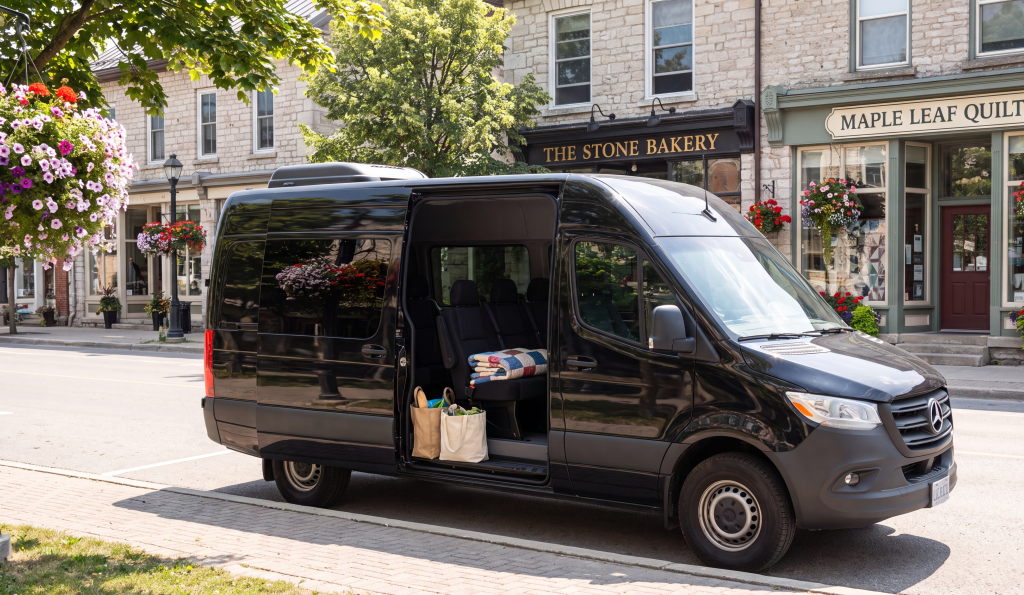 Black Mercedes-Benz Sprinter at the kerb of a St. Jacobs village street with limestone storefronts and hanging flower baskets, a quilt bundle and shopping bags on the seat