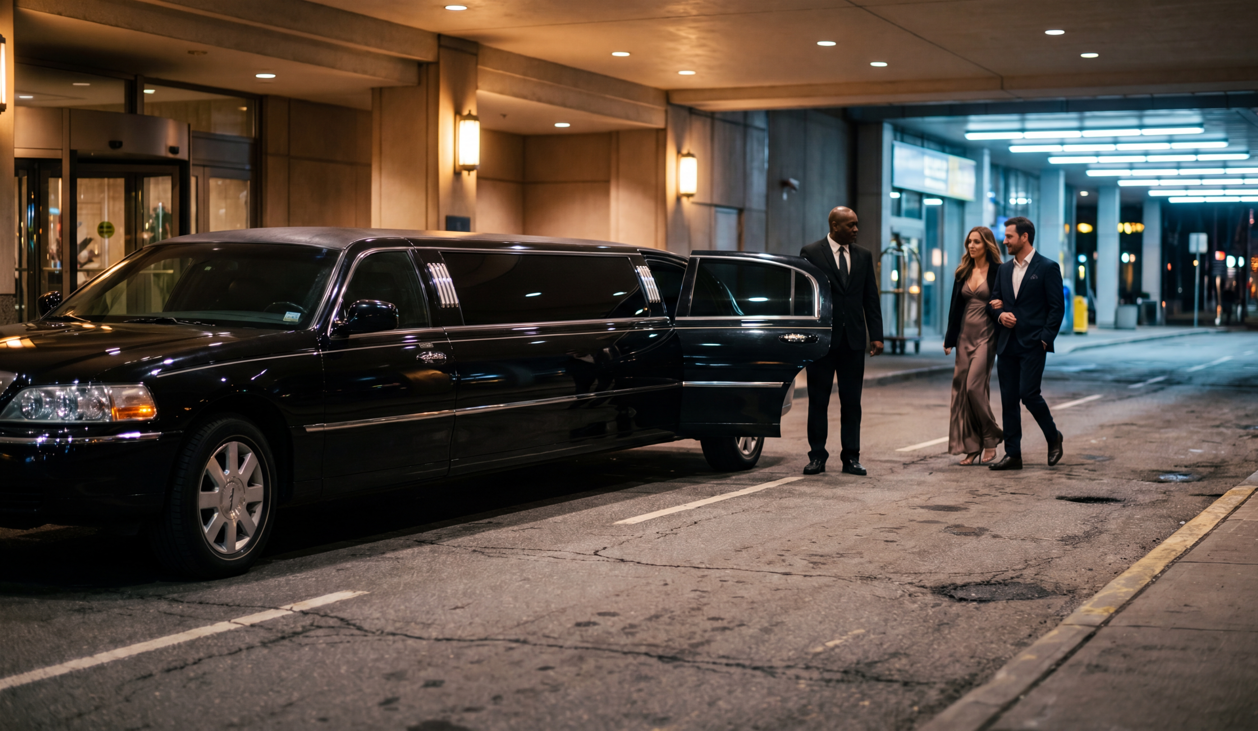 Black stretch limousine curbside at a hotel portico at night, chauffeur holding the open rear door as a couple in evening wear approaches
