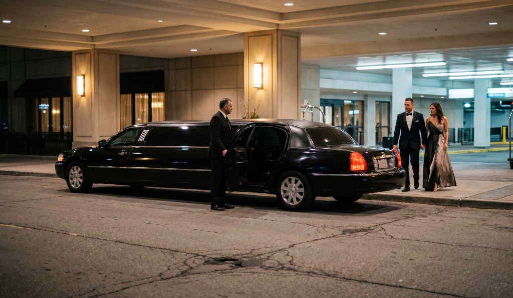 Black stretch limousine at a hotel portico at night, chauffeur at the open rear door as a couple in evening wear approaches