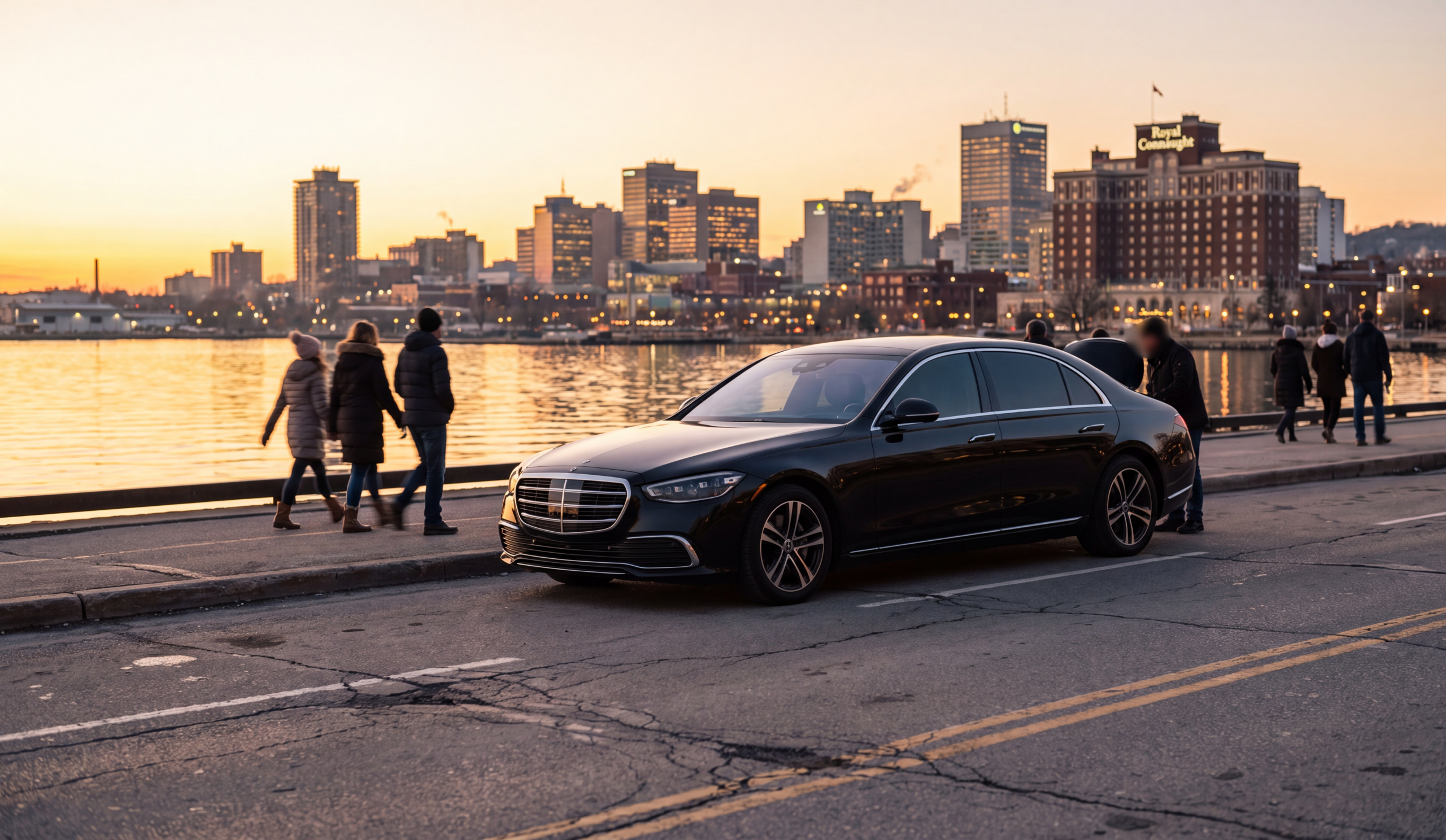 Private chauffeur service in Hamilton, bayfront skyline at dusk