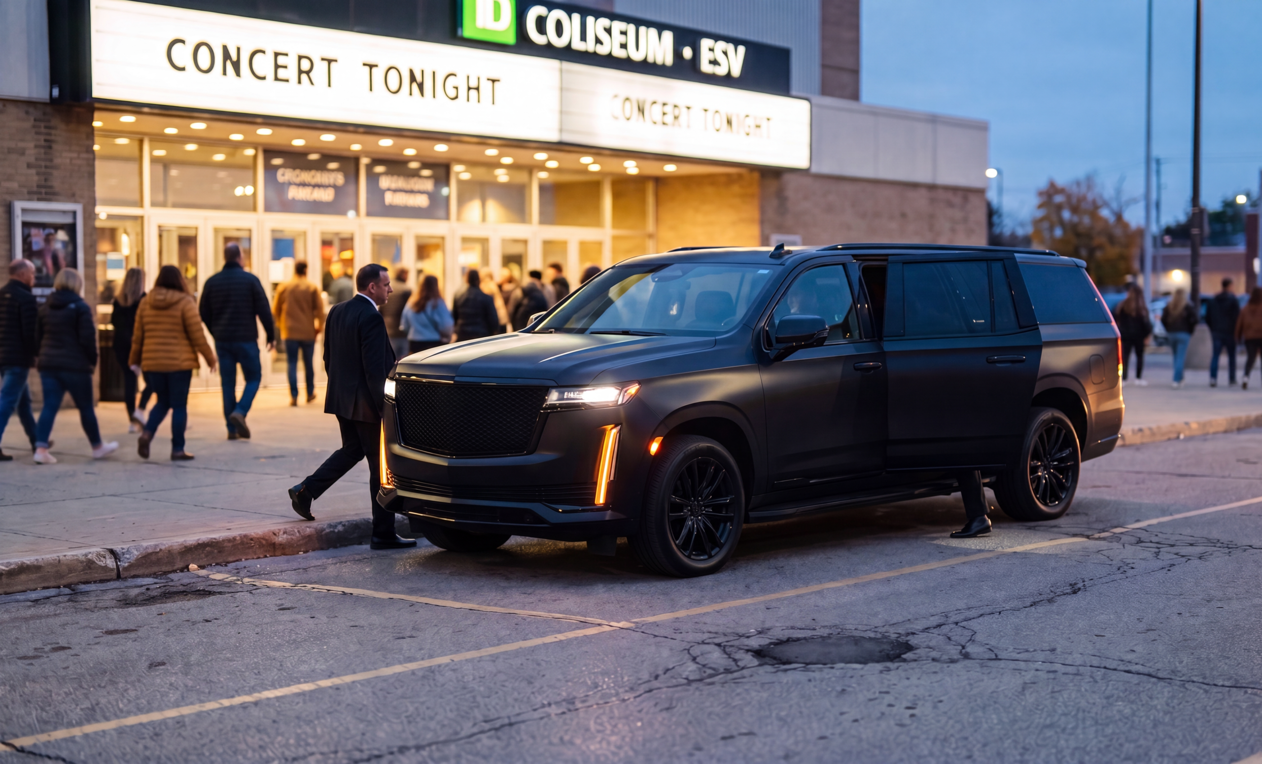 Black Cadillac Escalade staged at a stadium exterior forecourt at night with concert crowds walking past