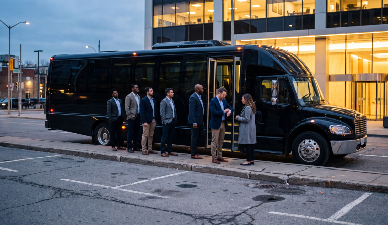Group boarding a black mini coach for coordinated private transportation