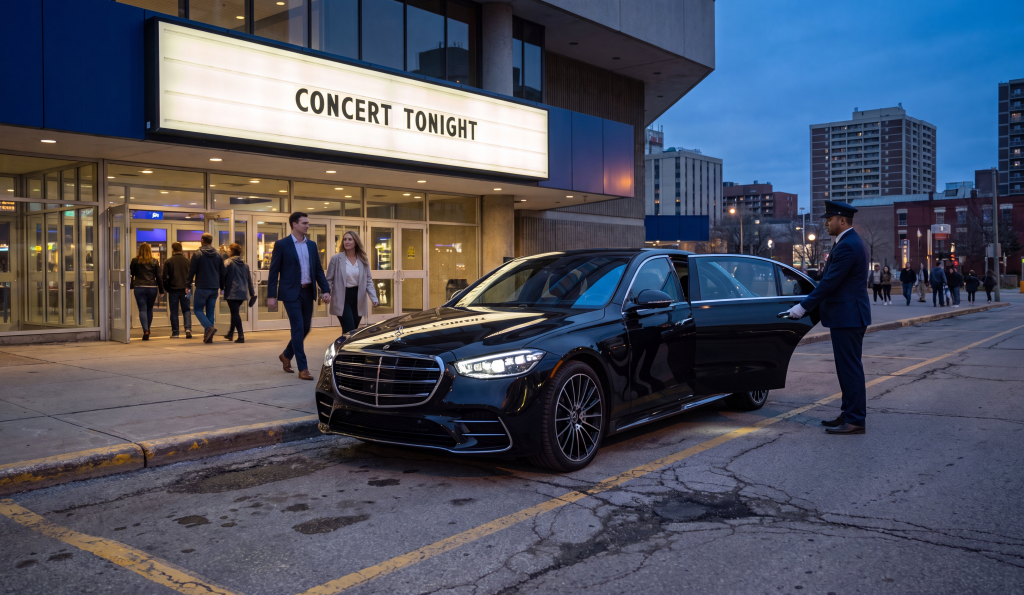 Black Mercedes S-Class at an arena marquee reading CONCERT TONIGHT at dusk, chauffeur at the rear door