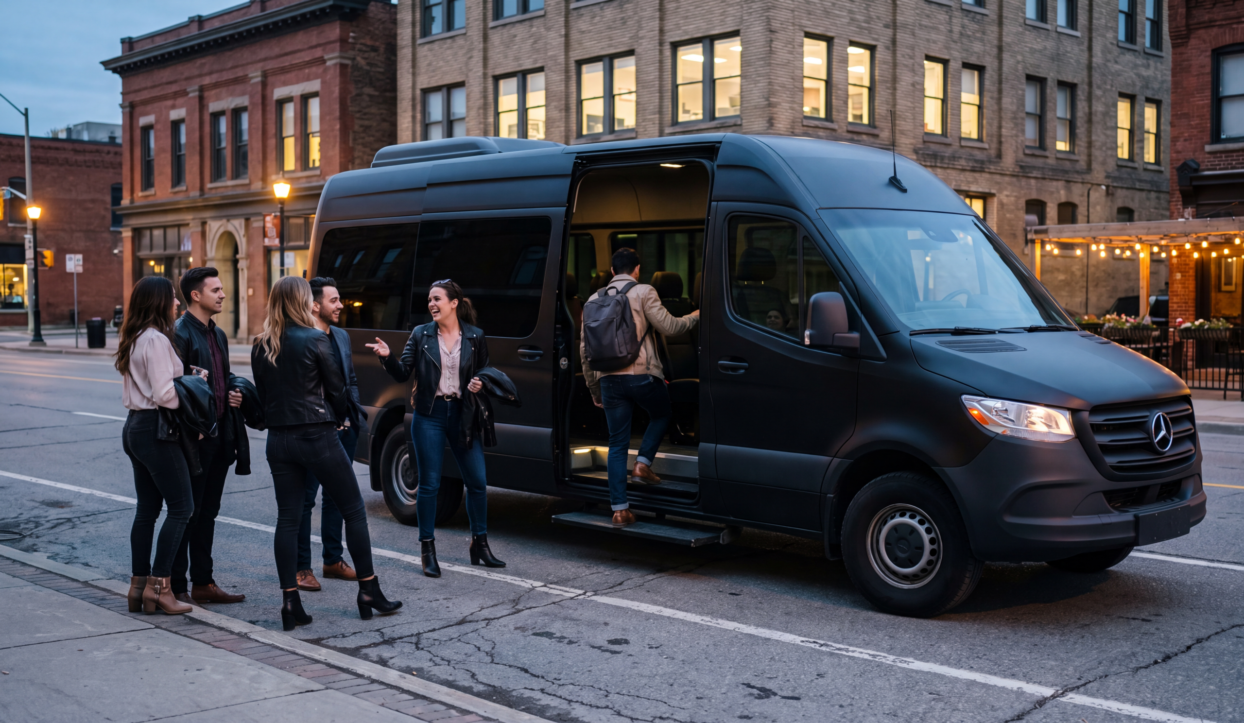 Group boarding a Sprinter van in downtown Hamilton before a TD Coliseum concert