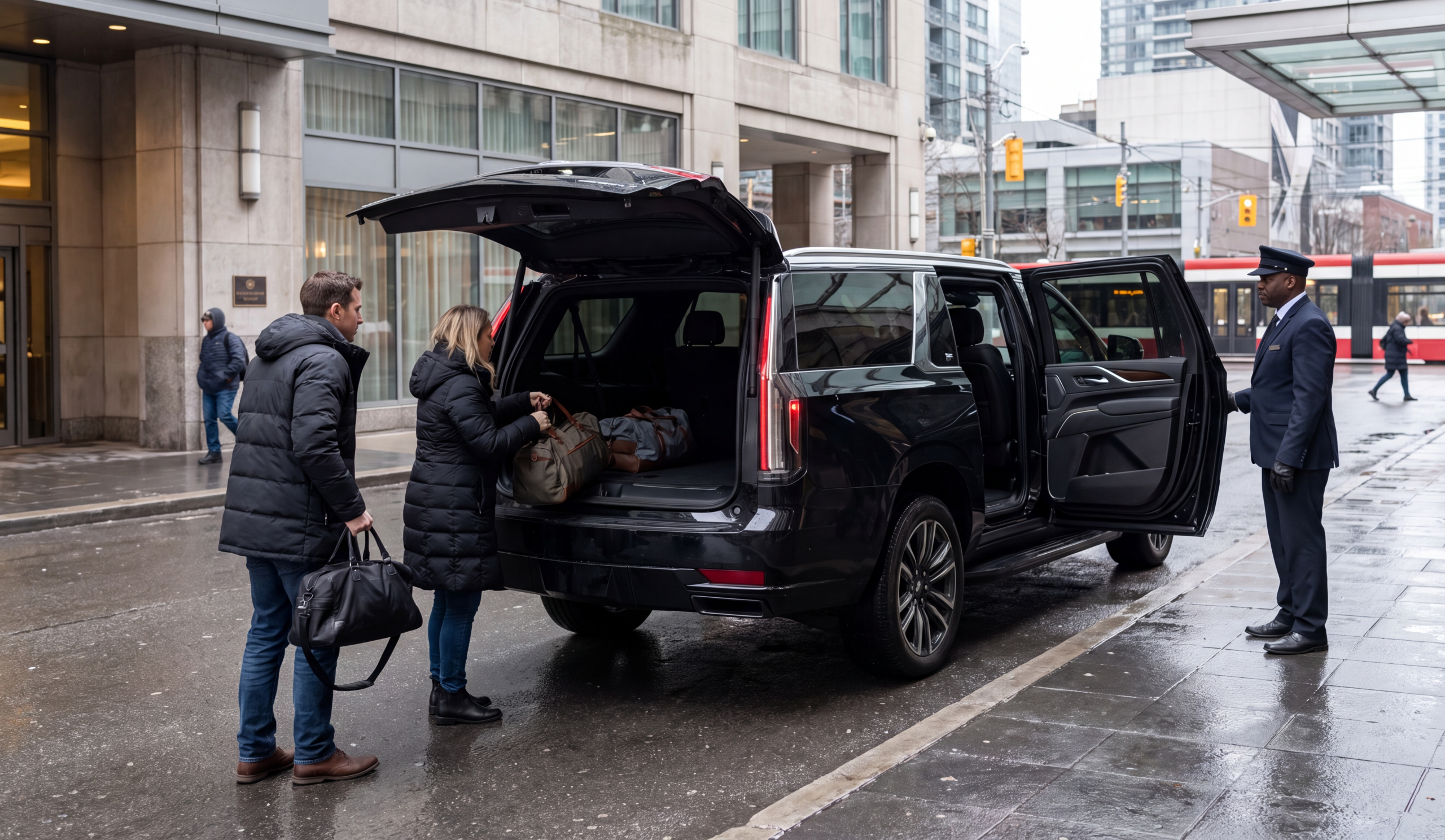 Black Escalade departing downtown Toronto for a Bala trip