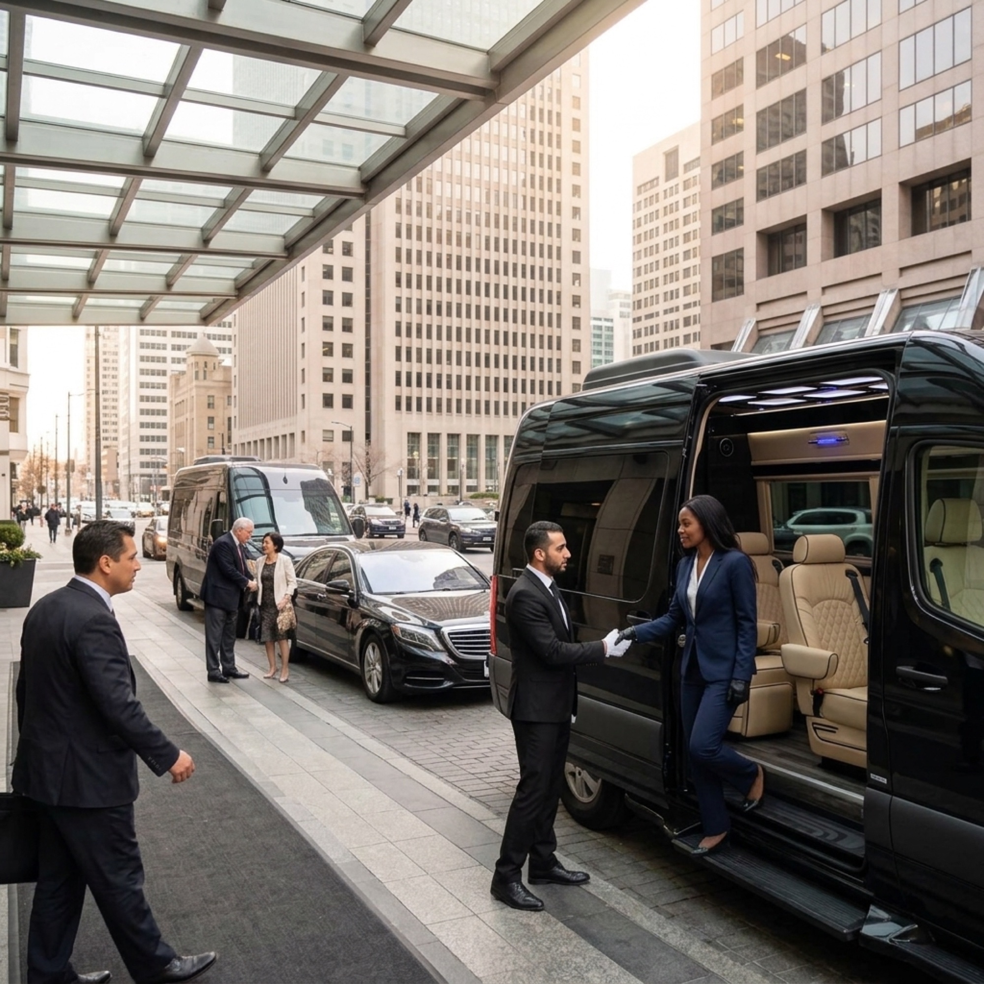 Chauffeur holding the door of a black Sprinter under a hotel canopy for a boarding guest