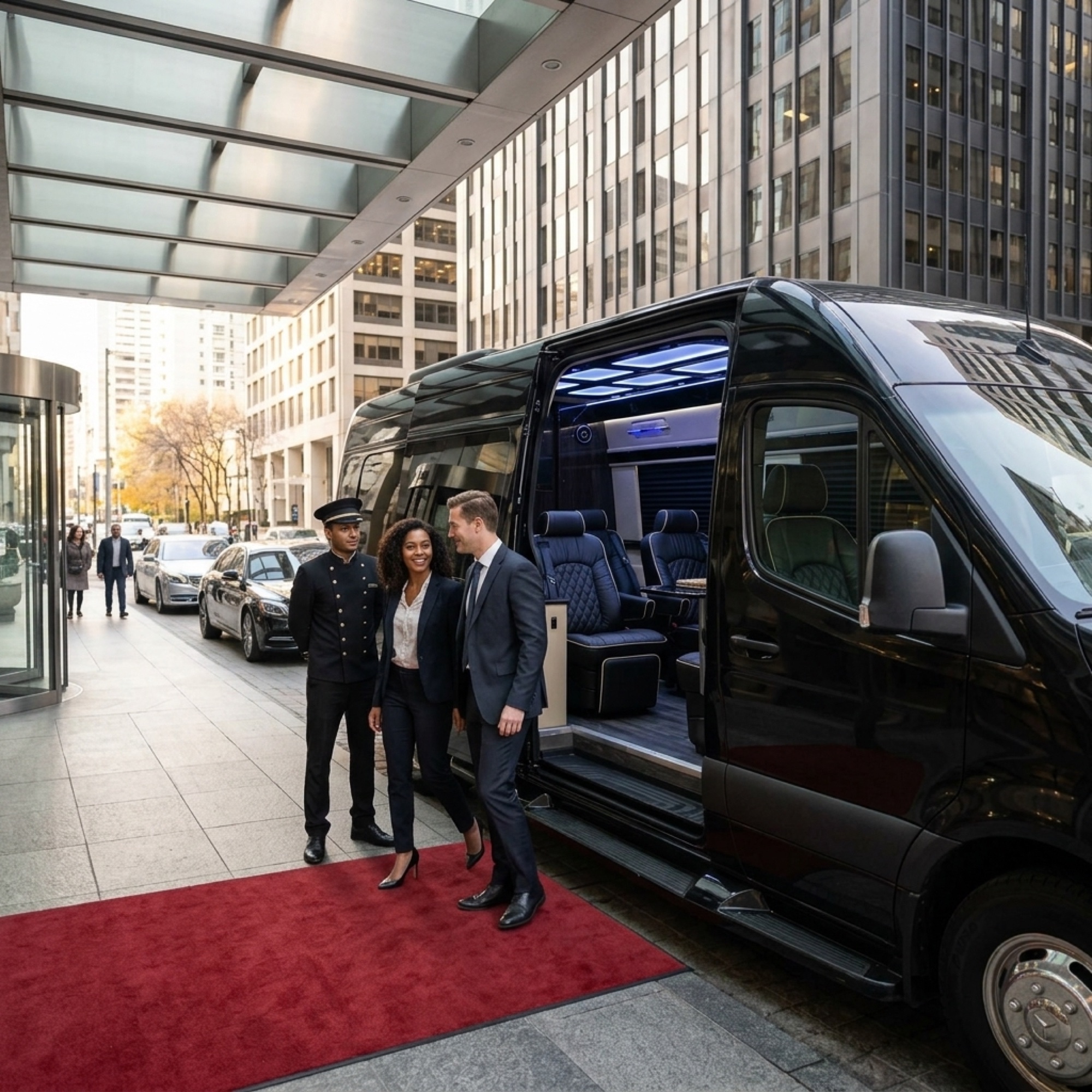 Black Mercedes-Benz Sprinter at a red carpet canopy with a group boarding for a concert night out