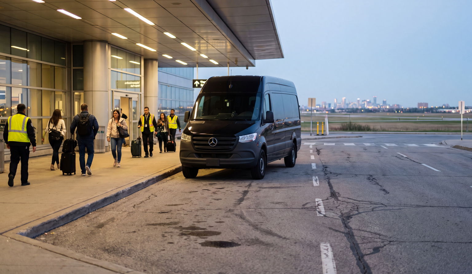 Black Mercedes-Benz Sprinter staged at a Pearson Airport terminal kerb with airport ground staff nearby