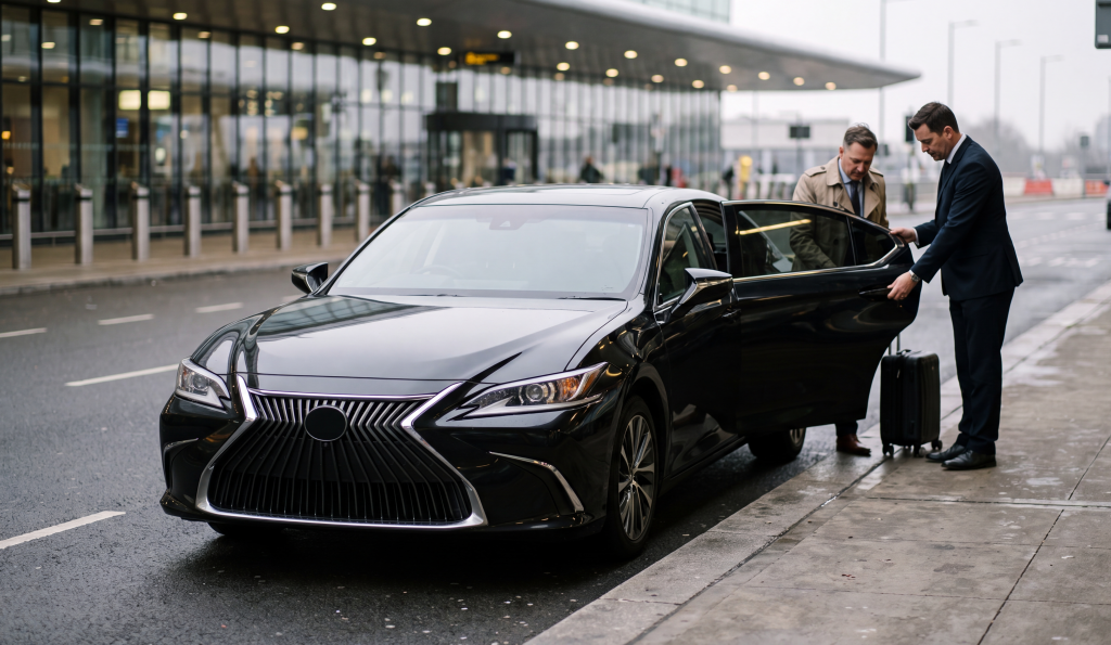Black Lexus ES sedan parked at the Pearson Airport arrivals kerb with the chauffeur opening the rear door for a passenger with a carry-on bag