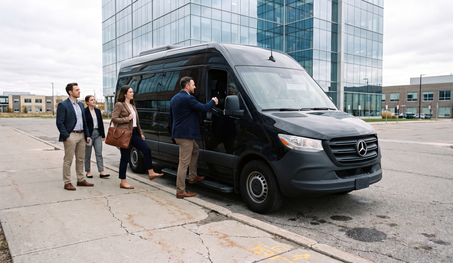 Black Mercedes-Benz Sprinter parked outside a glass office building with four business travelers in suits boarding, one shaking the chauffeur's hand