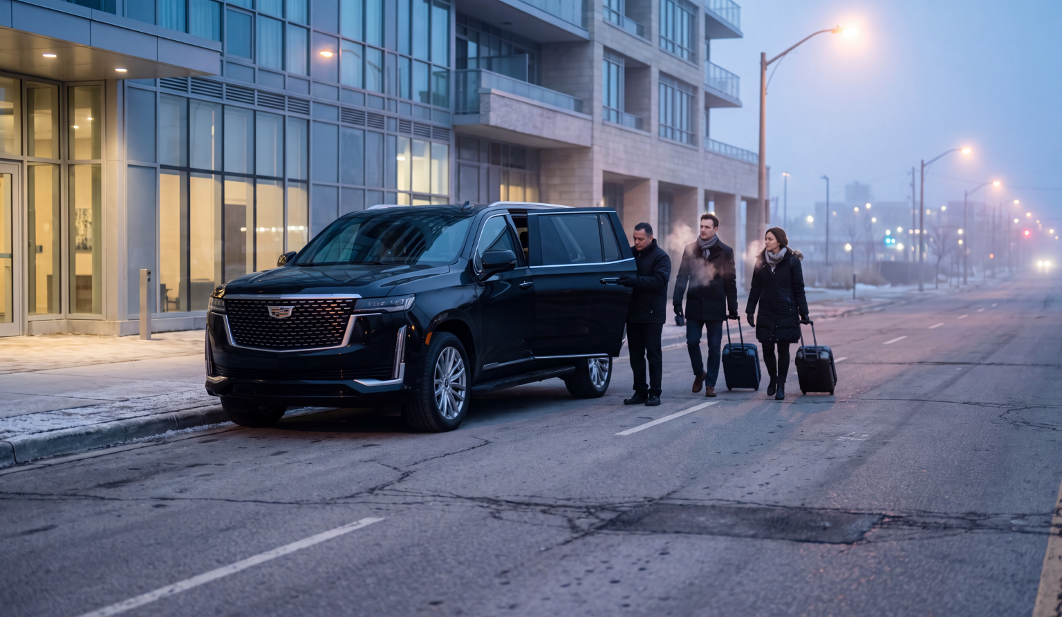 Black Cadillac Escalade parked at a residential curb at dawn with a chauffeur holding the rear door for two passengers with rolling luggage