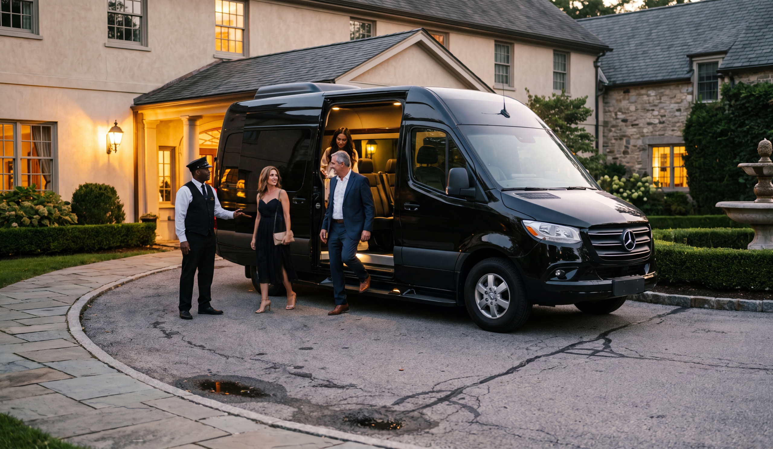 Black Sprinter in the forecourt of a stone country inn at dusk, formally dressed couples stepping out