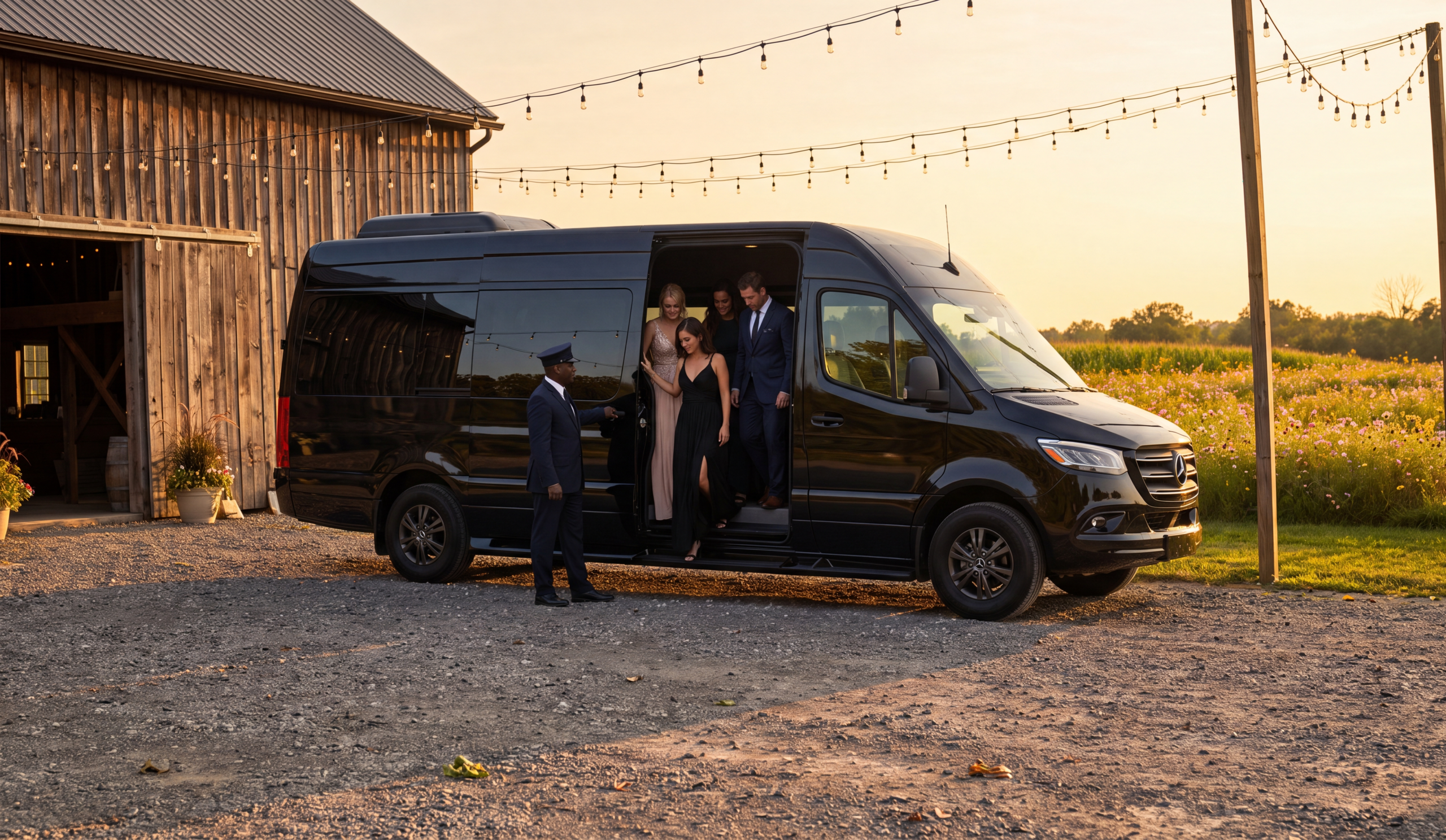 Black Sprinter at a country barn wedding estate at golden hour, wedding guests boarding, uniformed chauffeur
