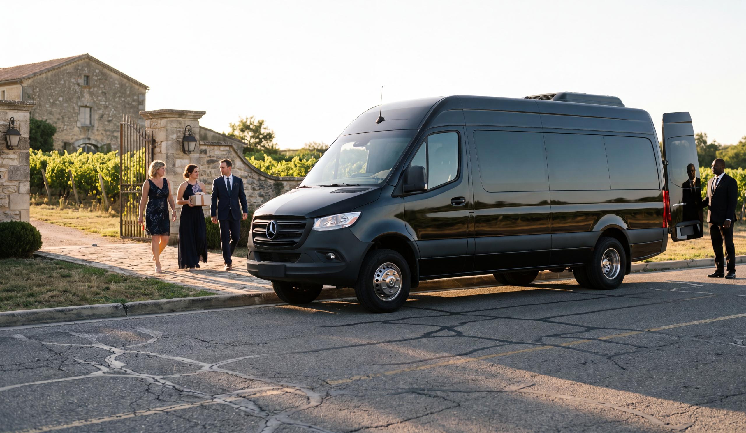 Black Sprinter at a vineyard estate gatehouse, wedding guests walking to the entrance, chauffeur at rear door