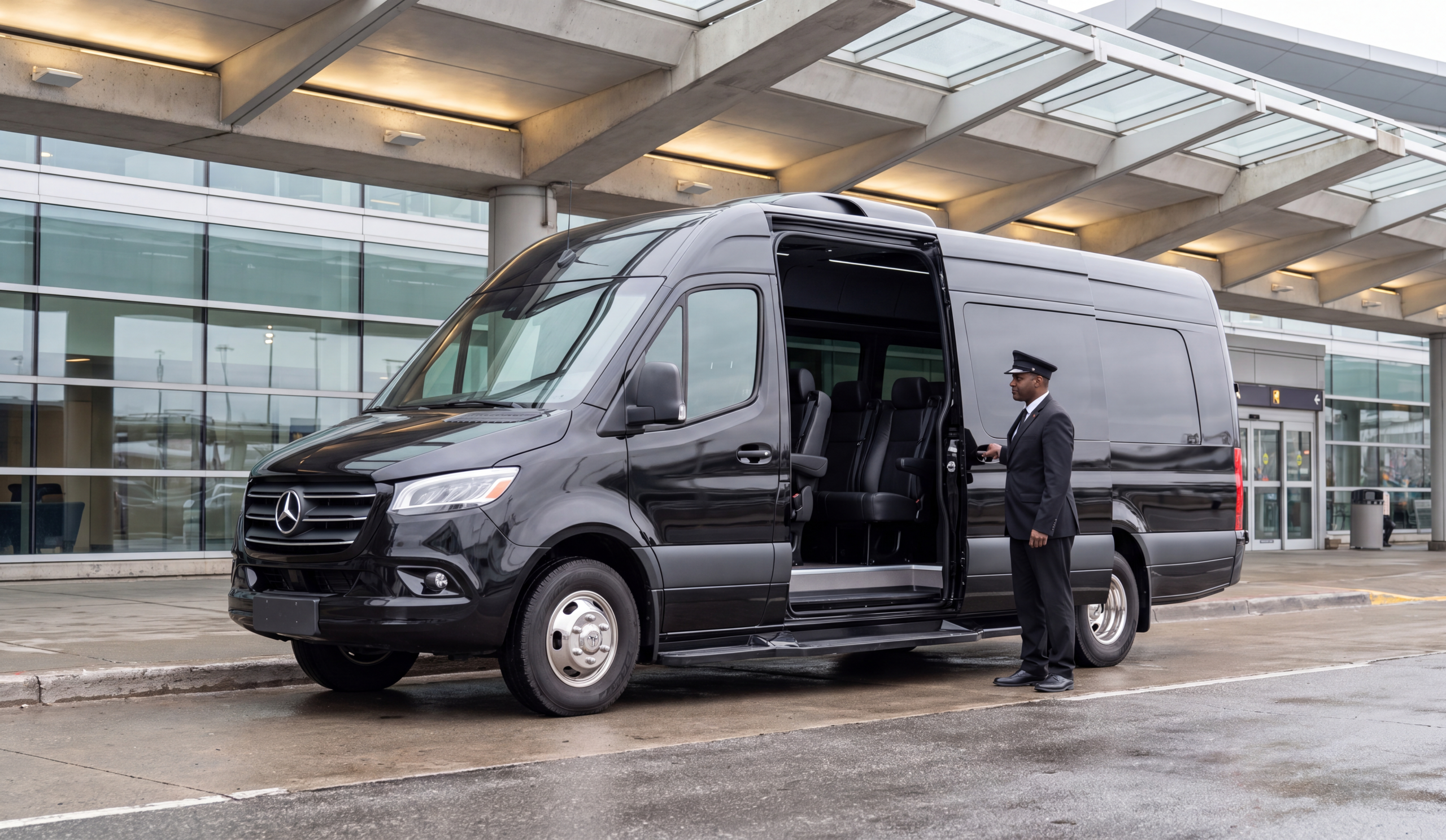 Bruno Mars Toronto Concert Transportation - The Romantic Tour 2026 13 Black Mercedes Sprinter kerbside with chauffeur, group charter for Toronto concerts
