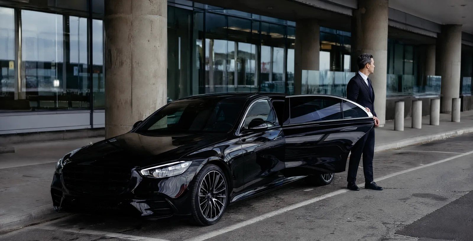 Chauffeur in a dark suit standing beside the open rear door of a black Mercedes-Benz S-Class sedan parked at a Toronto airport terminal kerb, looking toward the arrivals doors as travellers exit in the background