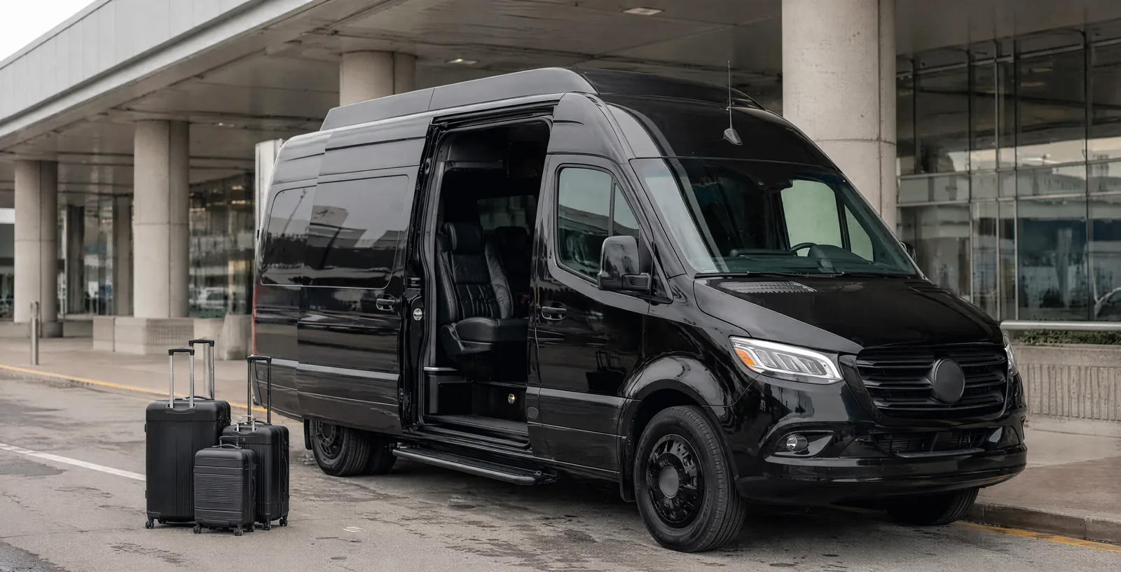 Black Mercedes-Benz Sprinter van with the side passenger door open, parked at a covered airport terminal kerb with 3 matching hard-shell suitcases staged beside it on the pavement