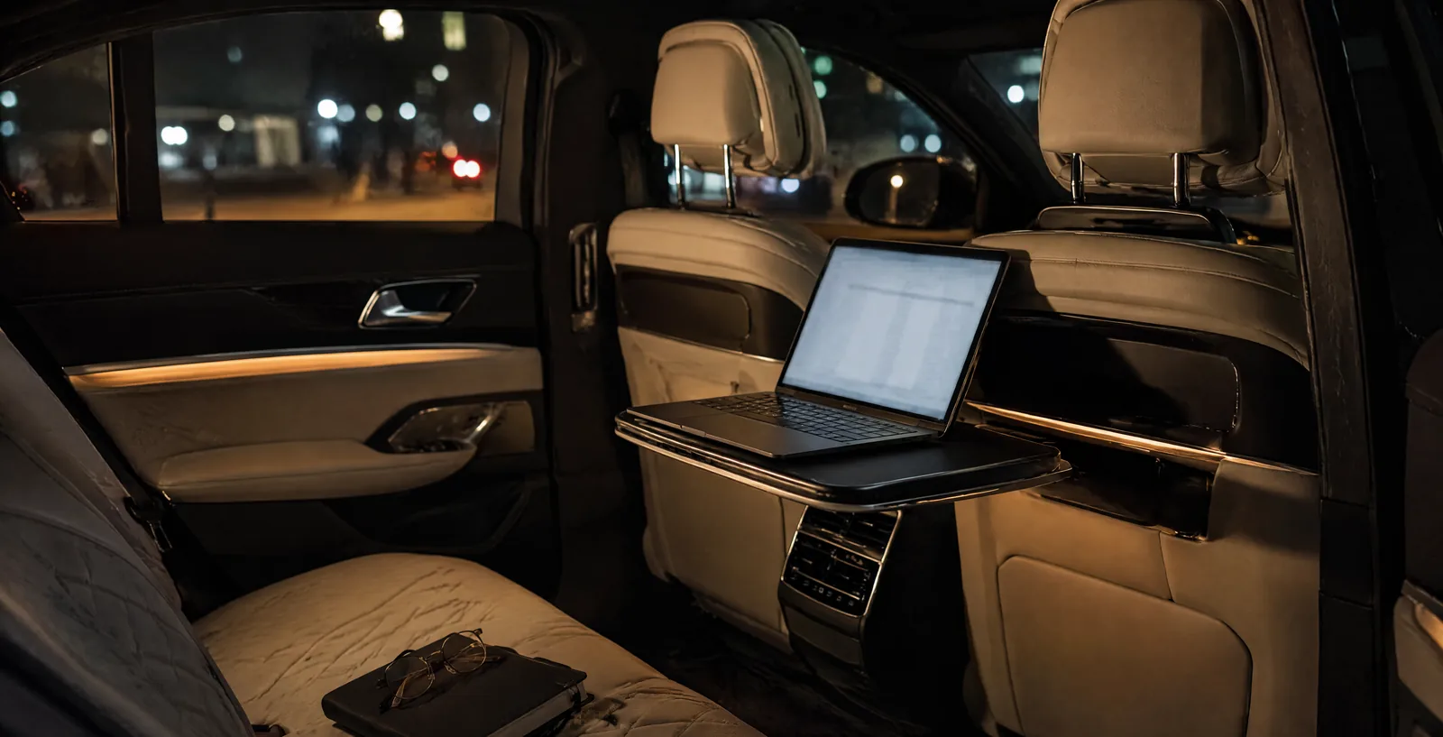 Interior of a black luxury sedan rear cabin at night with an open laptop resting on a pull-out tray table beside a folded document and reading glasses on the seat
