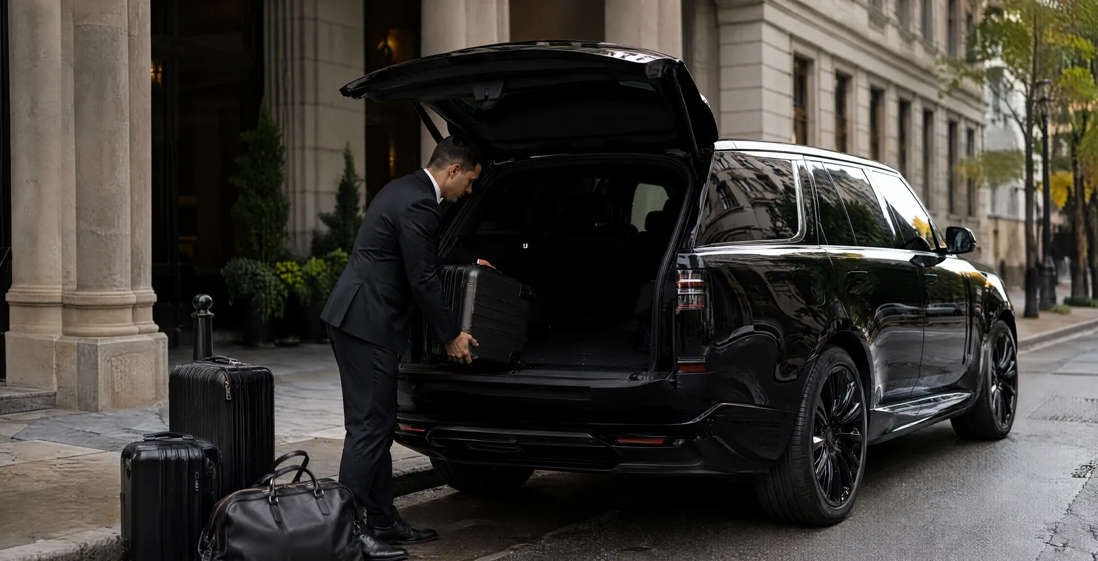 Chauffeur in a dark suit loading a black hard-shell suitcase into the open rear cargo area of a black Cadillac Escalade ESV at an airport terminal kerb while 2 more matching suitcases wait on the pavement
