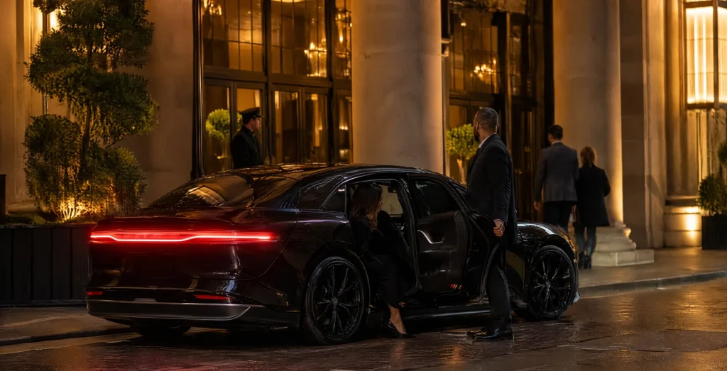 Chauffeur holding the door of a black luxury sedan at a hotel portico at night while a traveller steps out